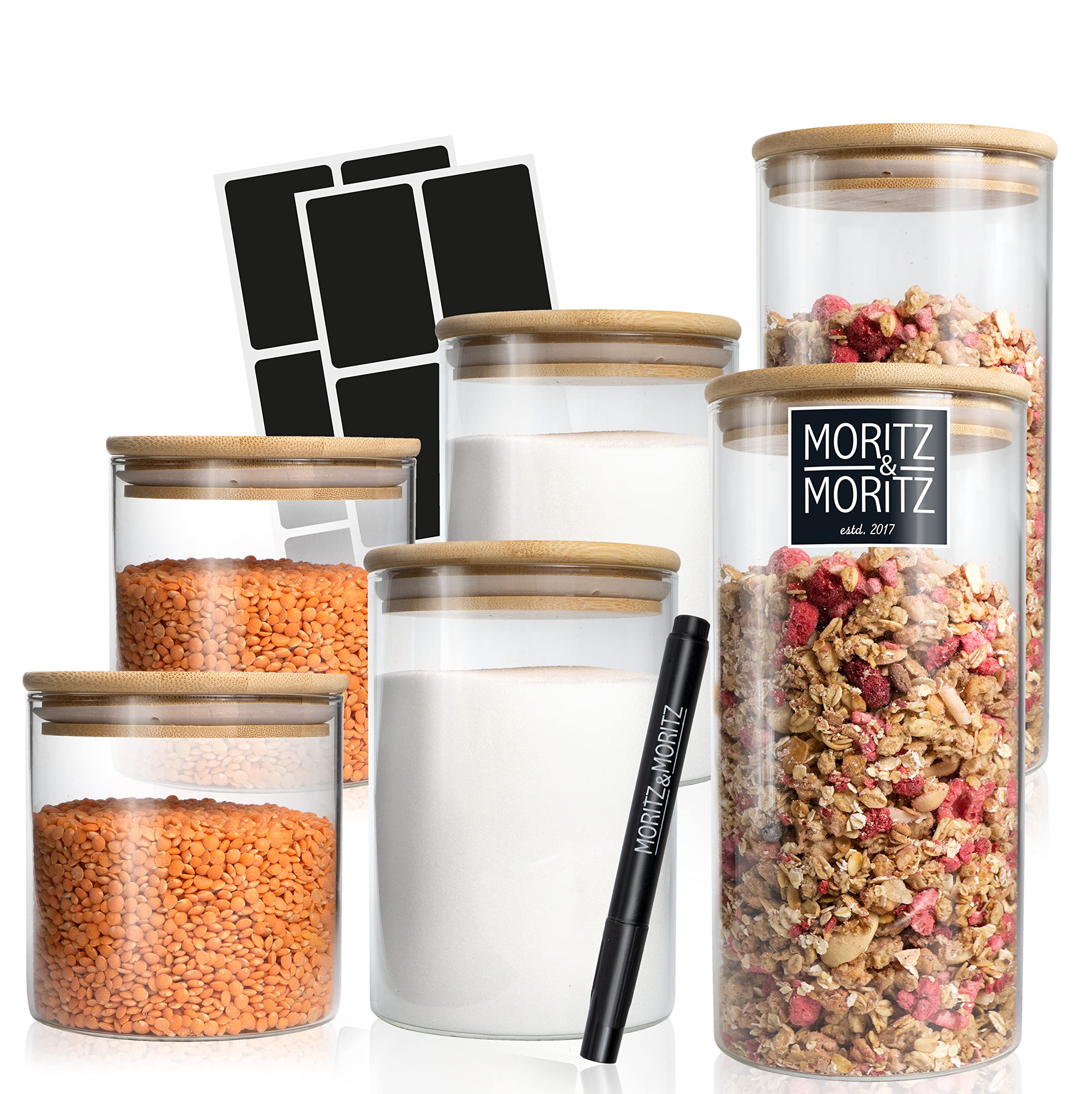Moritz & Moritz 6 X Storage Jars With Lids, 2 X 1500 Ml, 2 X 750 Ml, 2 X 500 Ml, Glass Storage Jars With Lid Including Chalkboar