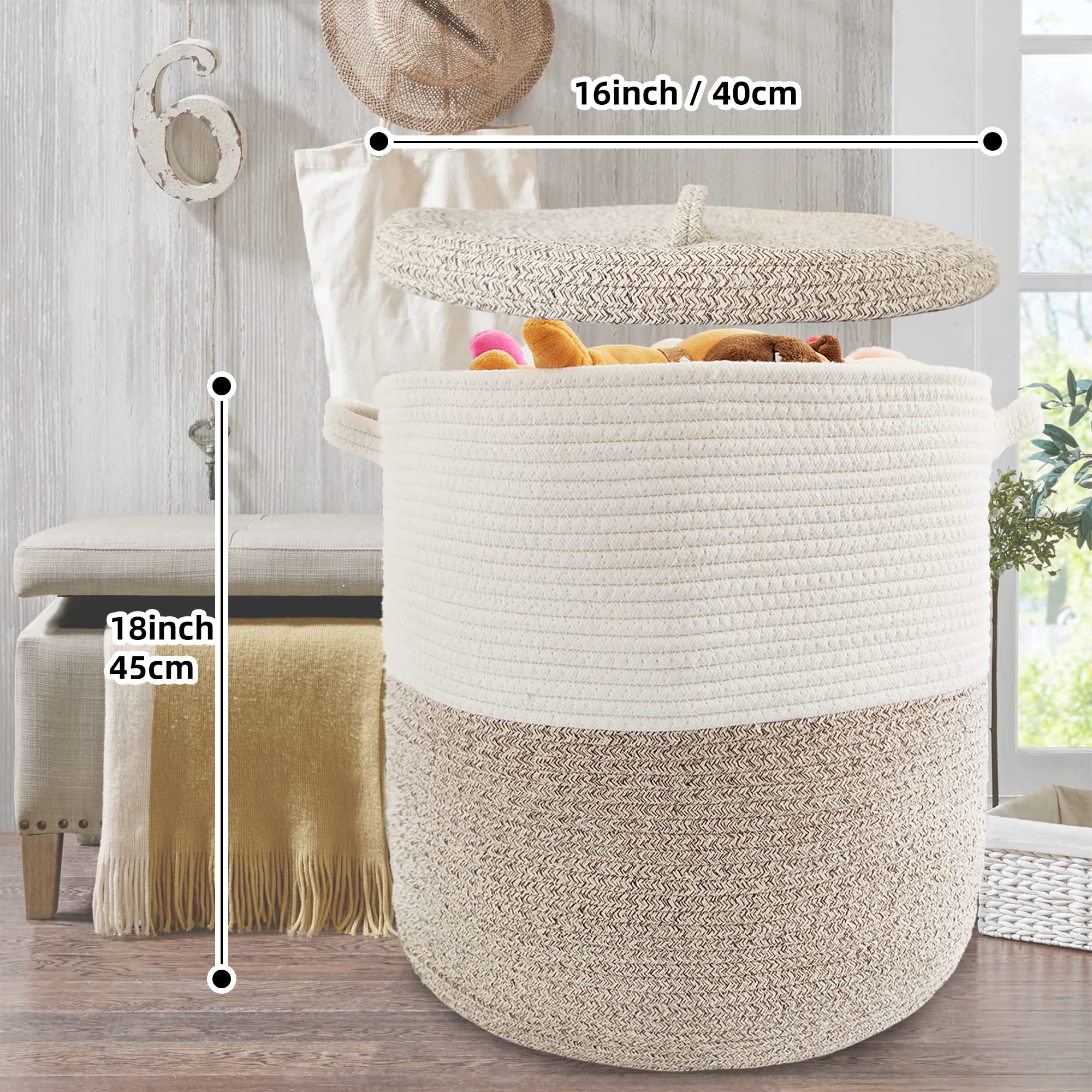 Large Storage Basket With Lid 60L, 16Wx18H Woven Laundry Hamper Basket With Handle, Room Decor Cotton Rope Wicker Basket Toy Org