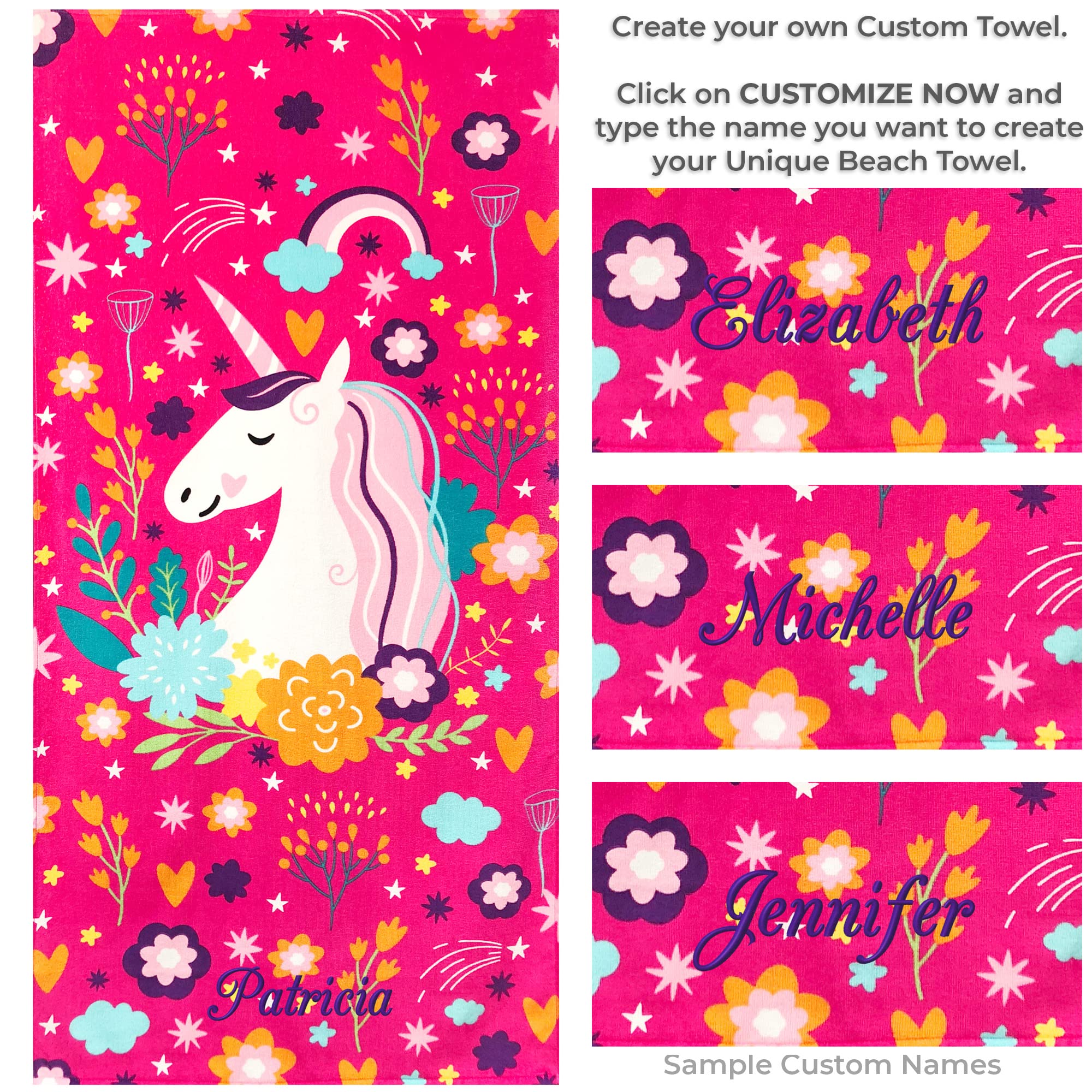 Softerry Love Unicorn Custom Beach Towel Pink Fantasy Rainbow 30 X 60 Inches 100% Cotton Velour (One Personalized Towel)