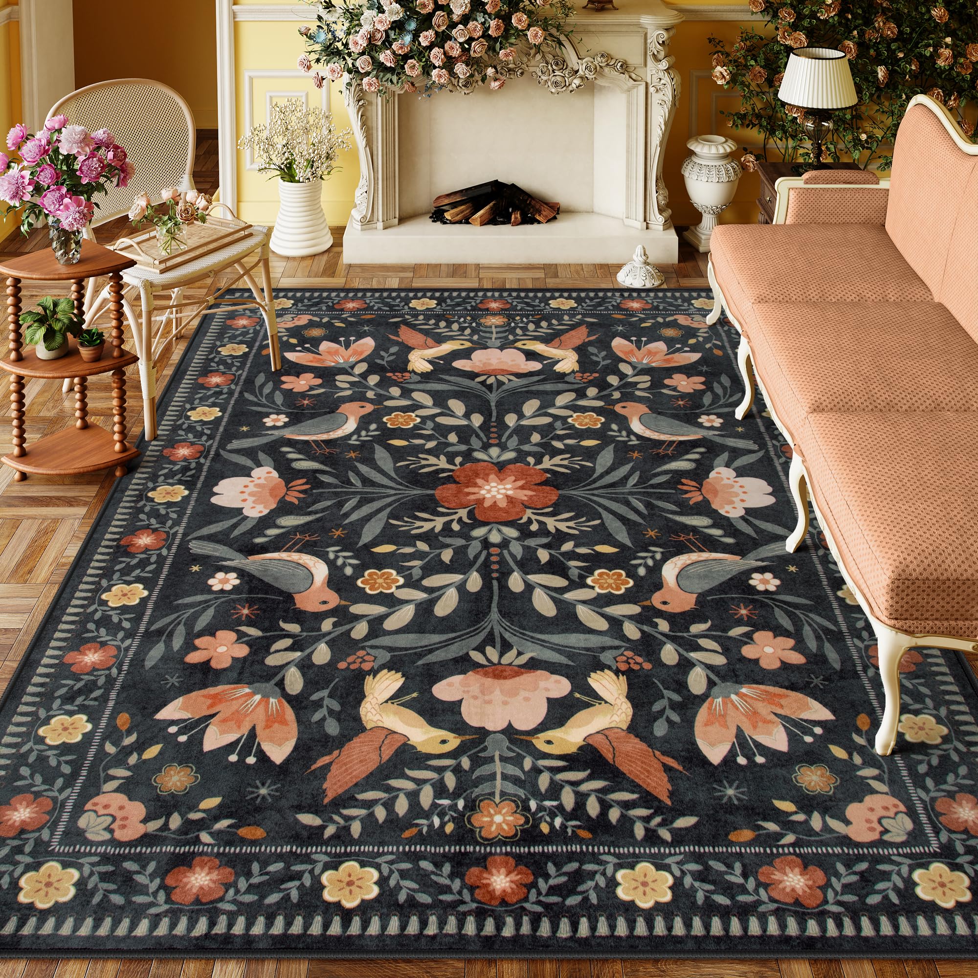 Moynesa Boho Birds 8x10 Area Rugs for Living Room, Black Floral Bedroom Rug Washable Low-Pile Playroom Rug, Vintage Soft Jungle 