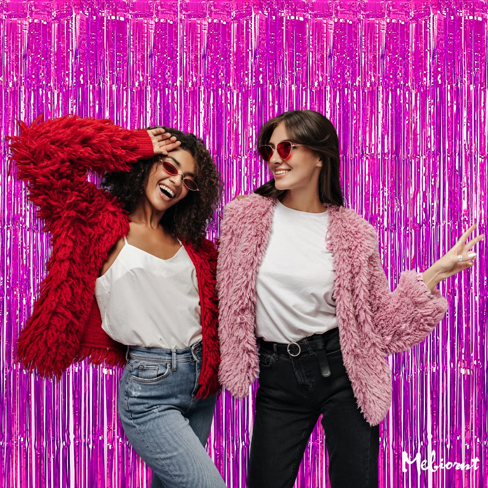 4 Pack Fuchsia Fringe Curtain Backdrop  3.2Ft x 9.8Ft Metallic Tinsel Foil Fringe Streamers Curtains Background for Photo Booth Birthday Wedding Baby Shower Party Thanksgiving Christmas Decorations