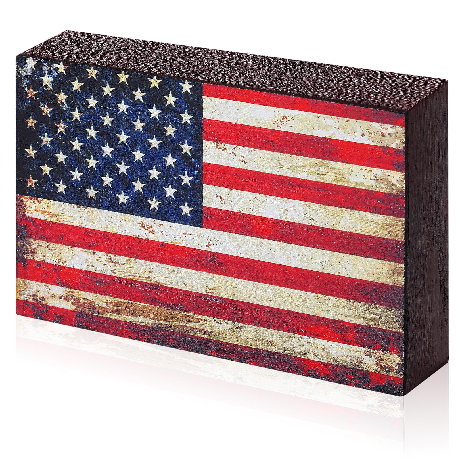 Sintuff Patriotic Wooden American Flag Box Sign Veterans Day Wood Block US Flag Wall Art Tiered Tray Decor for 4th of July Memor