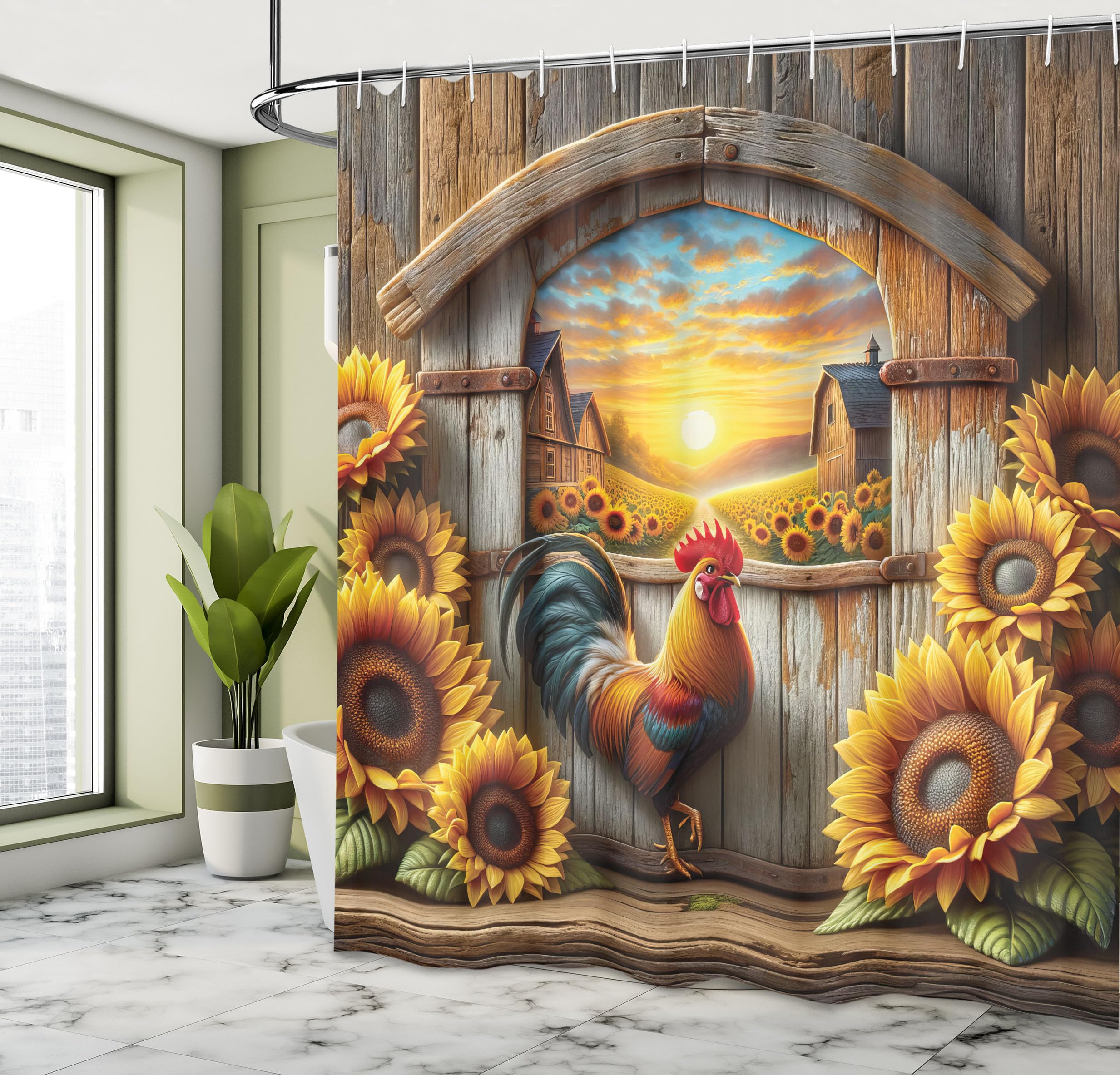 Ambesonne Rustic Shower Curtain, Farmland Sunset With Rooster And Blooming Sunflowers Weathered Barn, Cloth Fabric Bathroom Deco