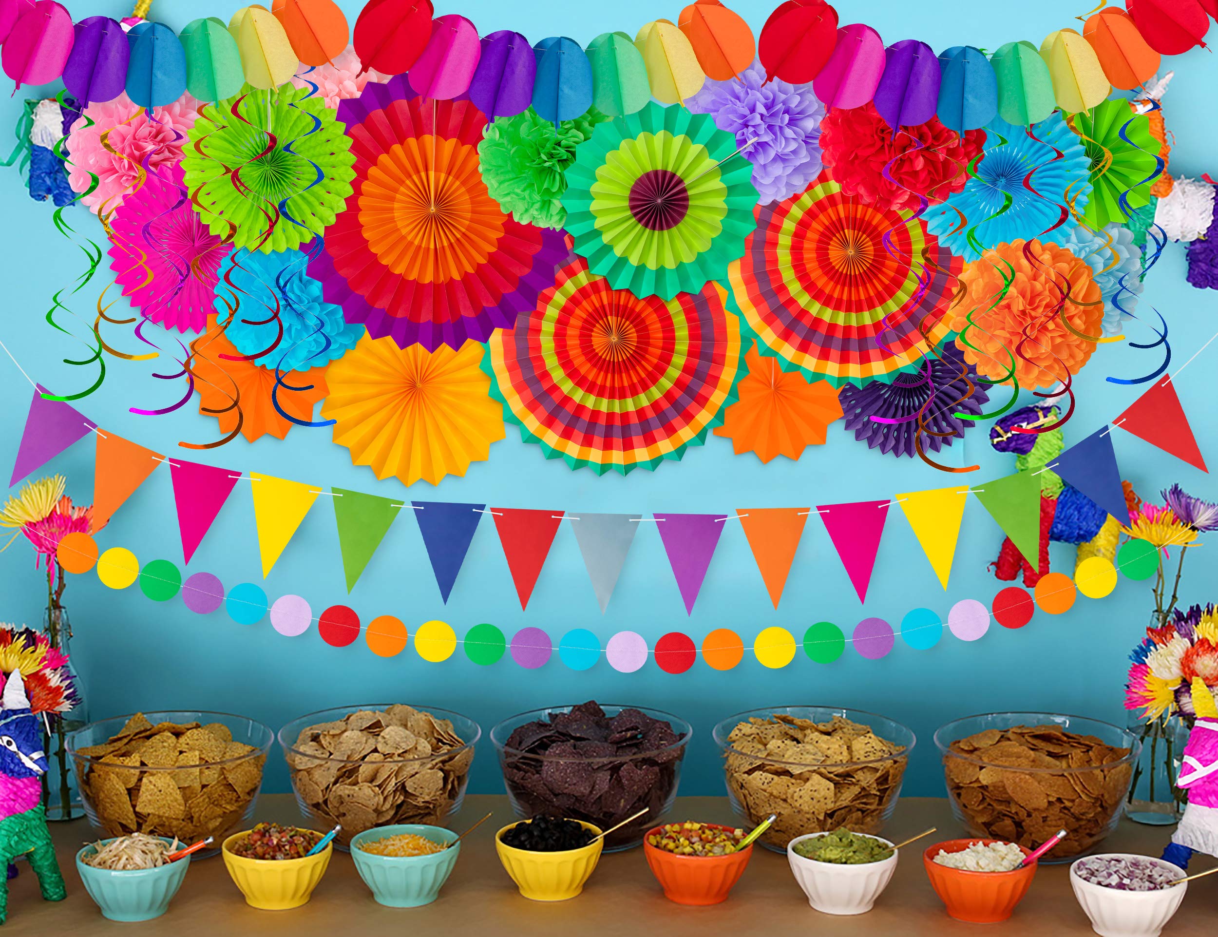 35Pcs Fiesta Paper Fan Party Decorations Set - Cinco De Mayo Pom Poms,Pennant,Garland String,Banner,Hanging Swirls Decor Supplie
