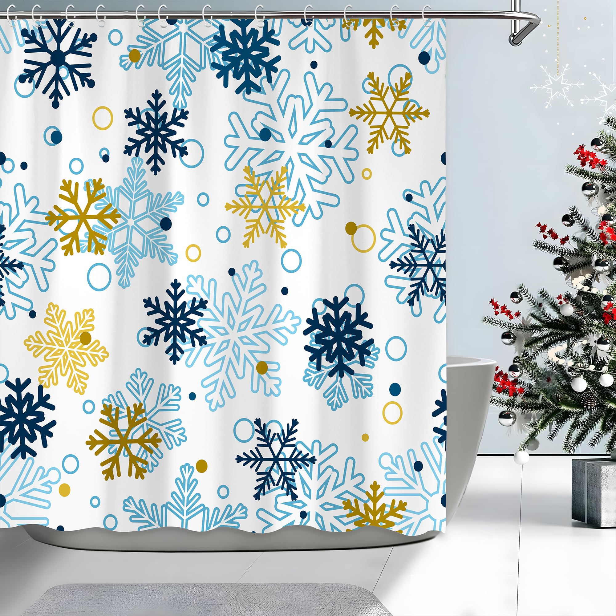 Paopoed Blue Winter Snowflake Shower Curtain, Winter Christmas Merry Xmas Funny Outside Hoilday Pattern Bathroom Decor, Waterpro