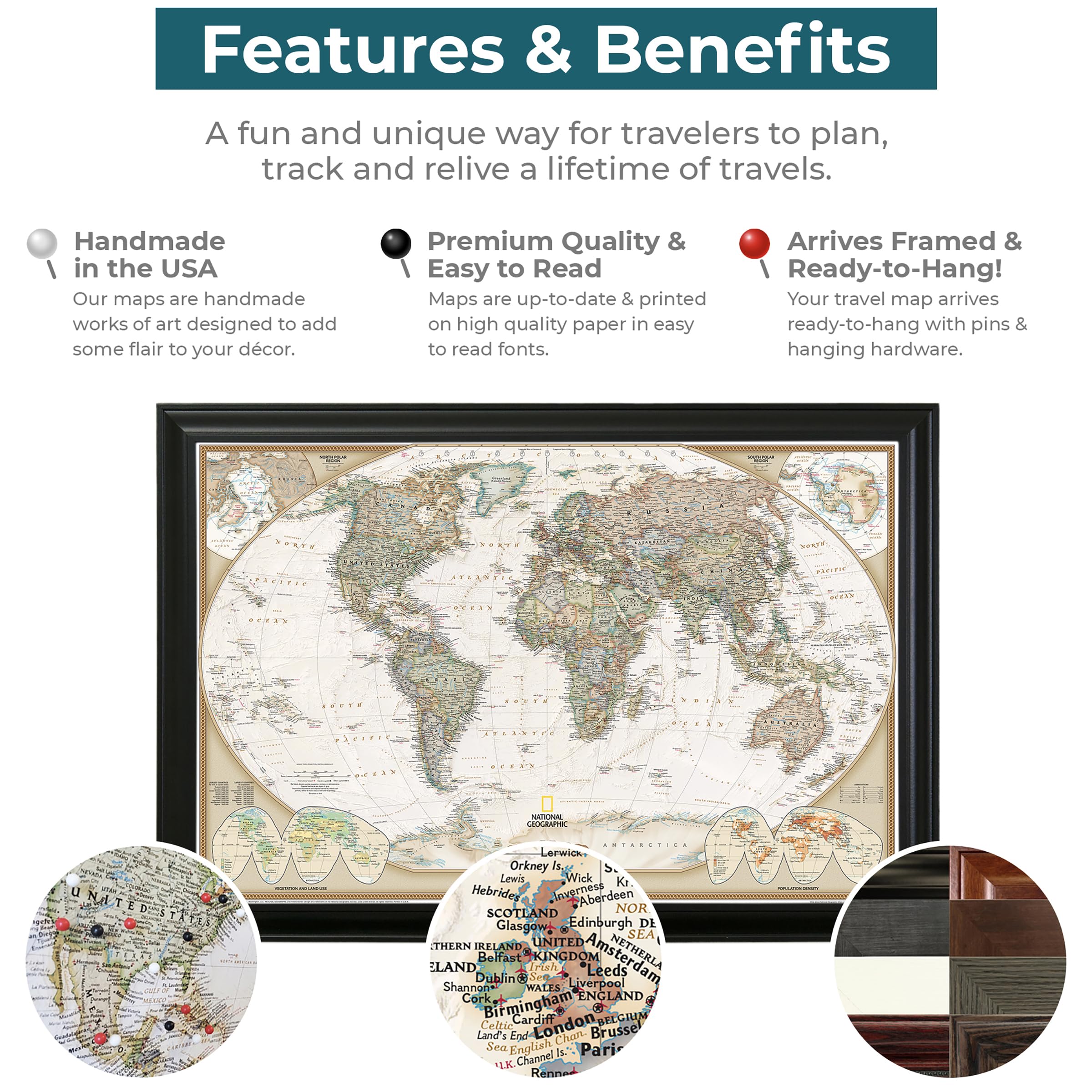 Push Pin Travel Maps - Executive World - Brown Frame Framed Pin Map For Tracking Your Travels - 27.5'' X 39.5'' - 8 Handcrafted