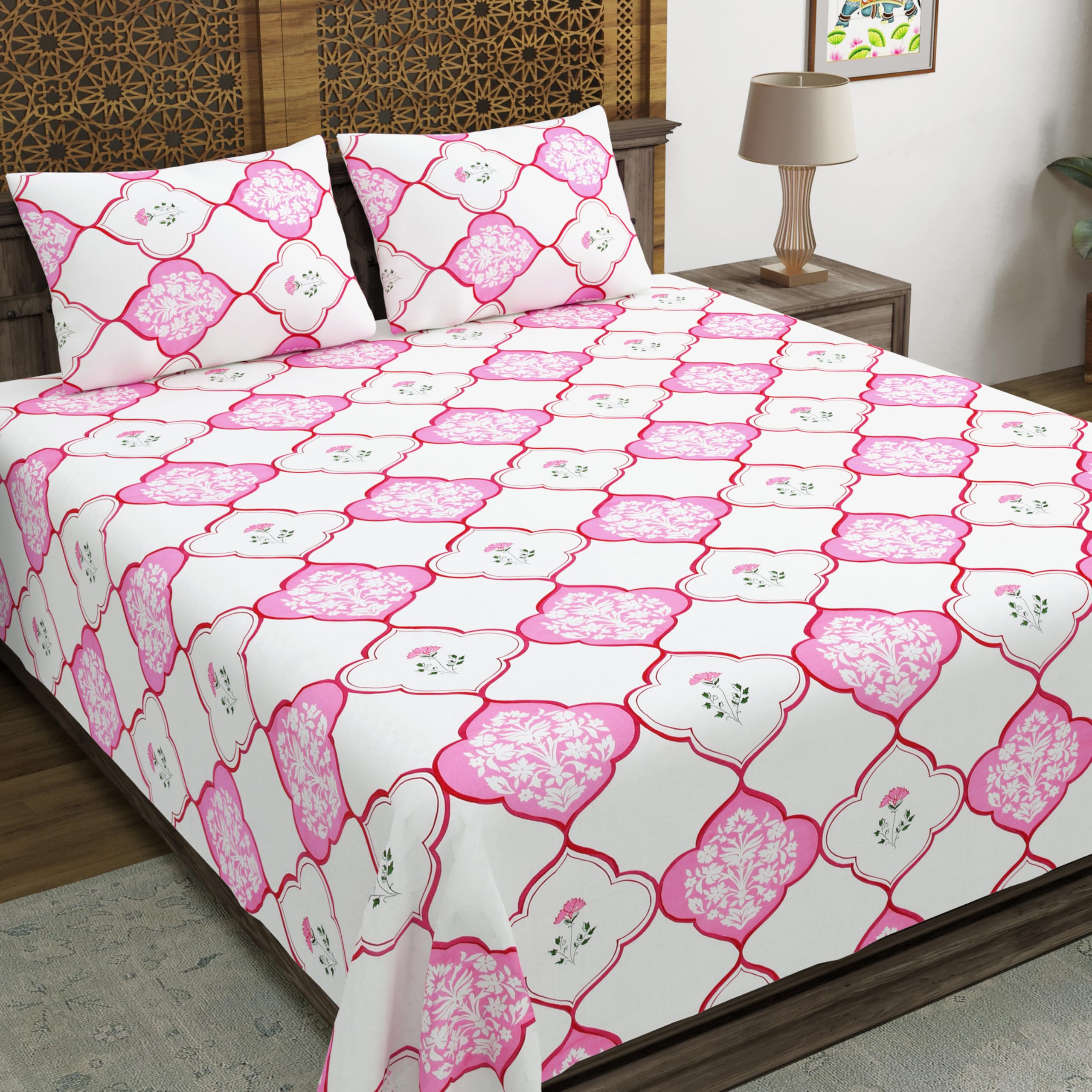 Blocks Of India Hand Block Printed 200 Tc Cotton King Size Bedsheet | Mughal Pink