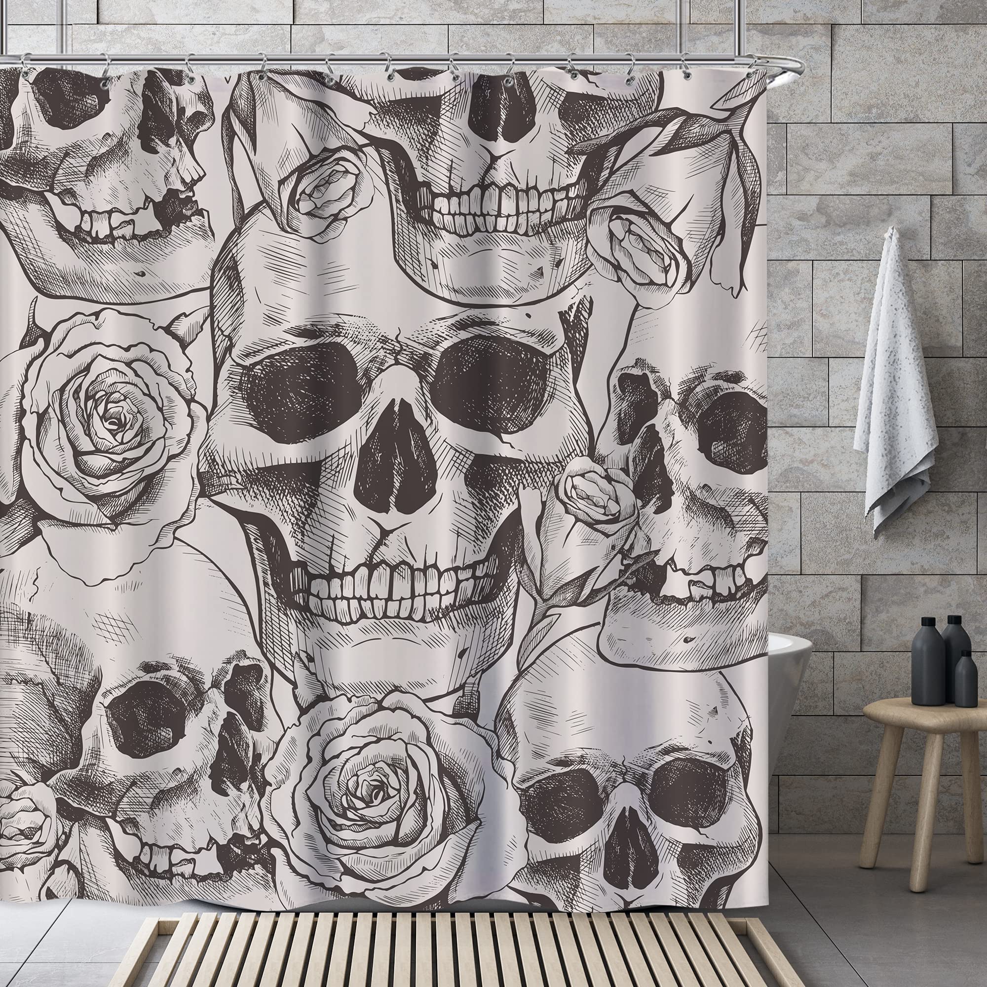 Laifzere Skull Gothic Skeleton Shower Curtain Goth Black Floral Shower Curtain for Bathroom Set Flower Rose Men Halloween Fabric