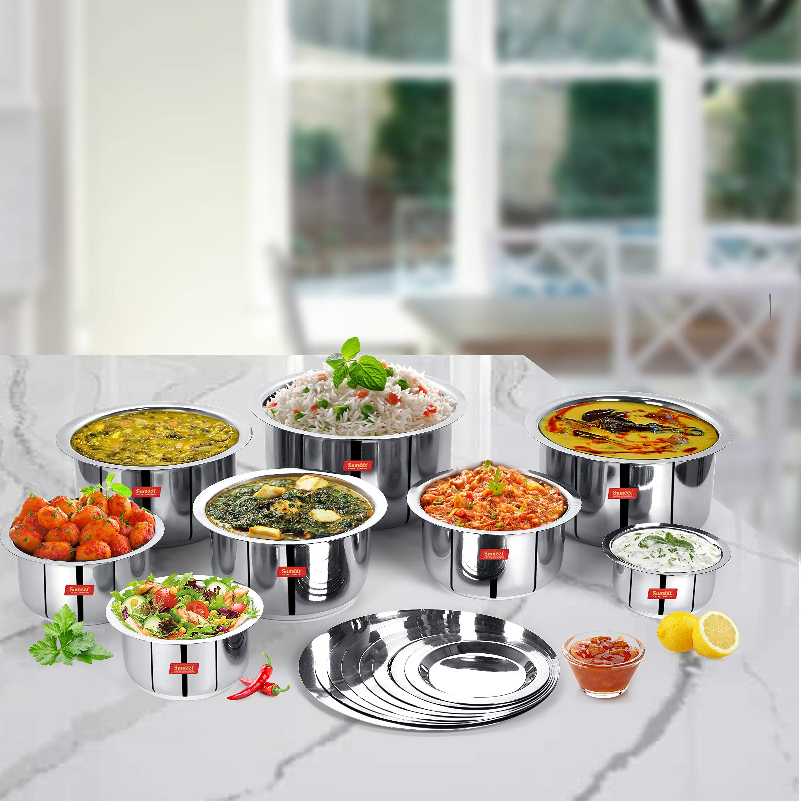 Sumeet Stainless Steel Mini to Big Size Flat Bottom Induction & Gas Stove Friendly Tope/Patila/Cookware Set of 8Pcs with Lids (3