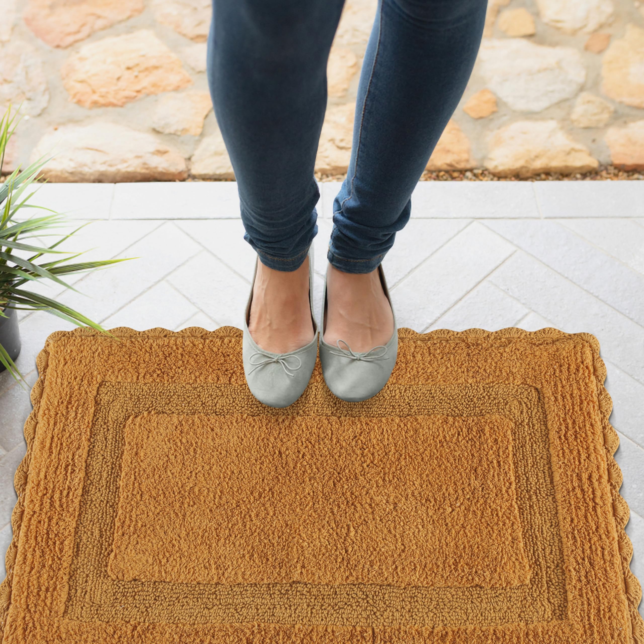 Cotton Crochet Bathmat With Antiskid 21X34 Mustard, 100% Pure Cotton, Super Soft White, Plush & Absorbent, Hand Tufted Heavy Wei