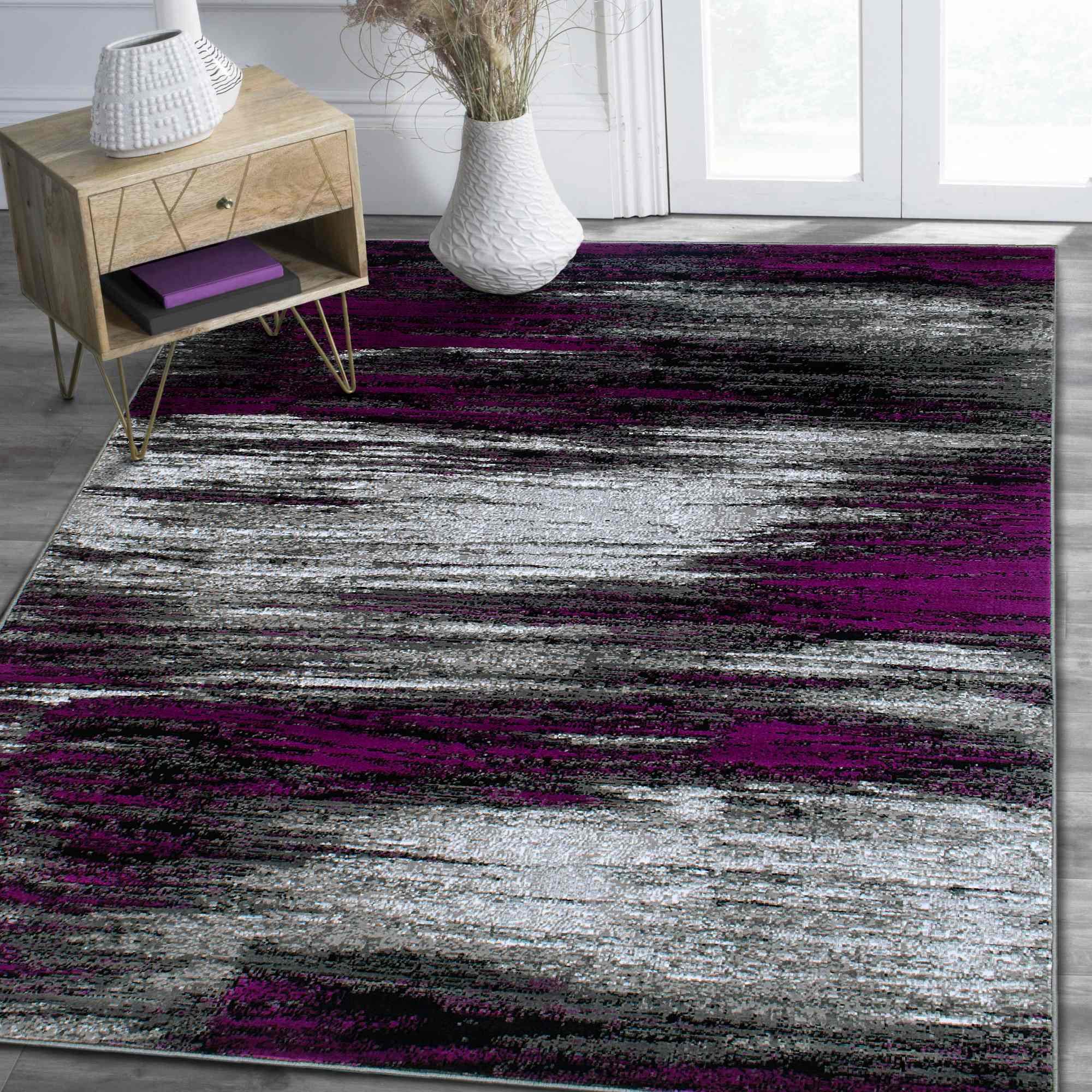 HR - Purple/Grey/Silver/Black/Abstract Contemporary Modern Design Brushed Colors Area Rug (78 X10)