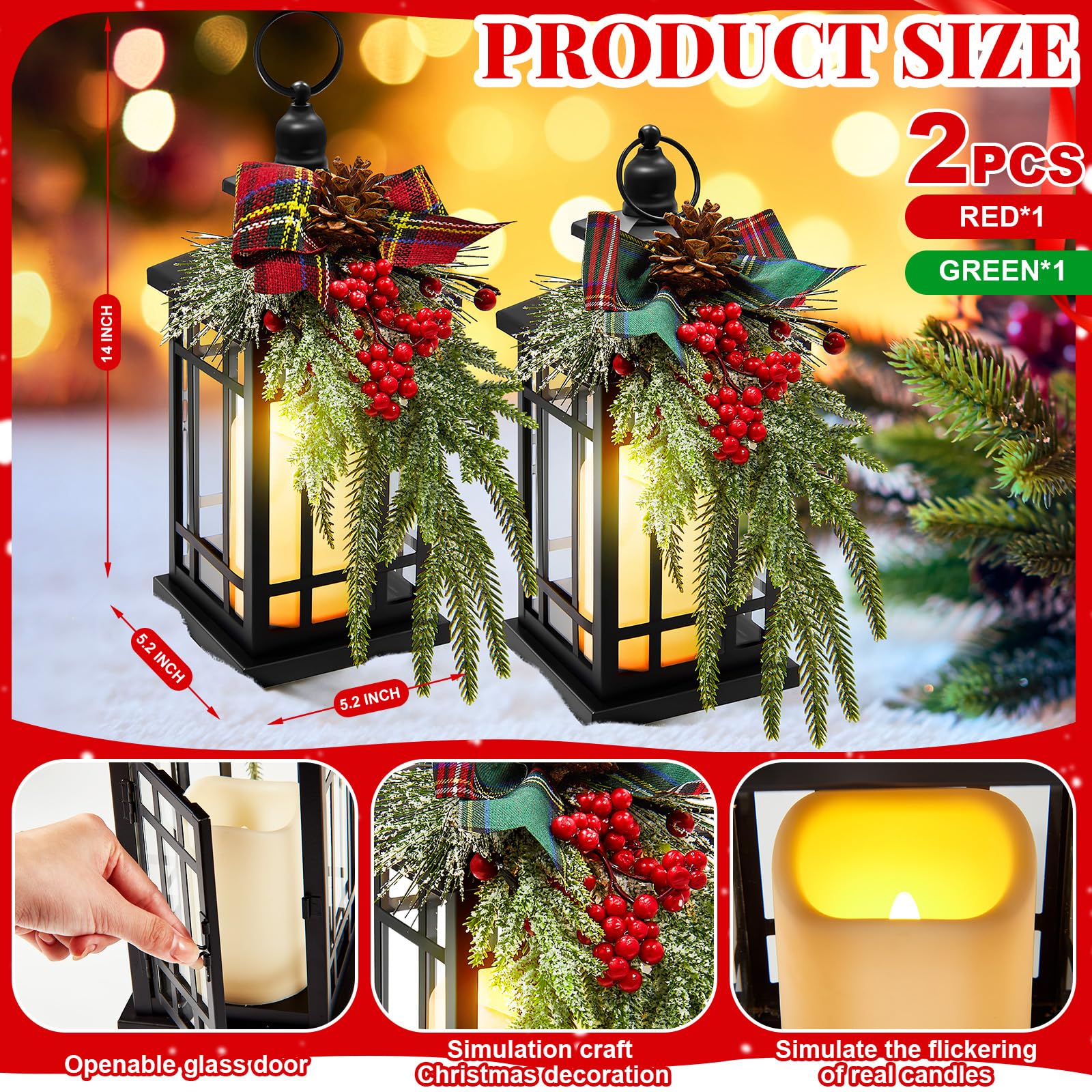 ROCEEI 2 Set Christmas Decorative Lantern Porch Decorations with LED Flickering Flameless Candle 14 Inch Vintage Hanging Lantern