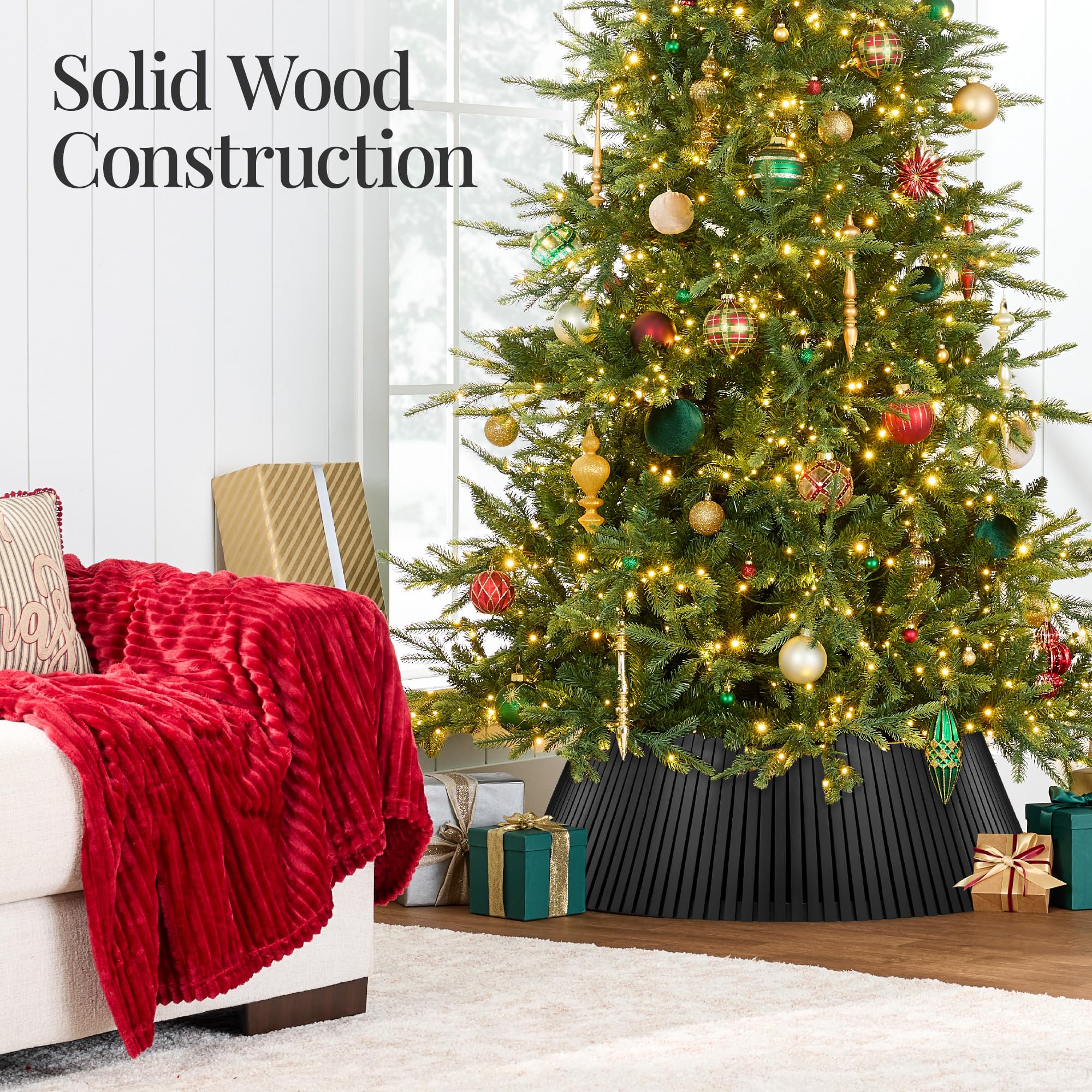 Best Choice Products 42in Christmas Tree Collar, Solid Wood Slatted Tree Skirt Holiday Accessory for Home - Black