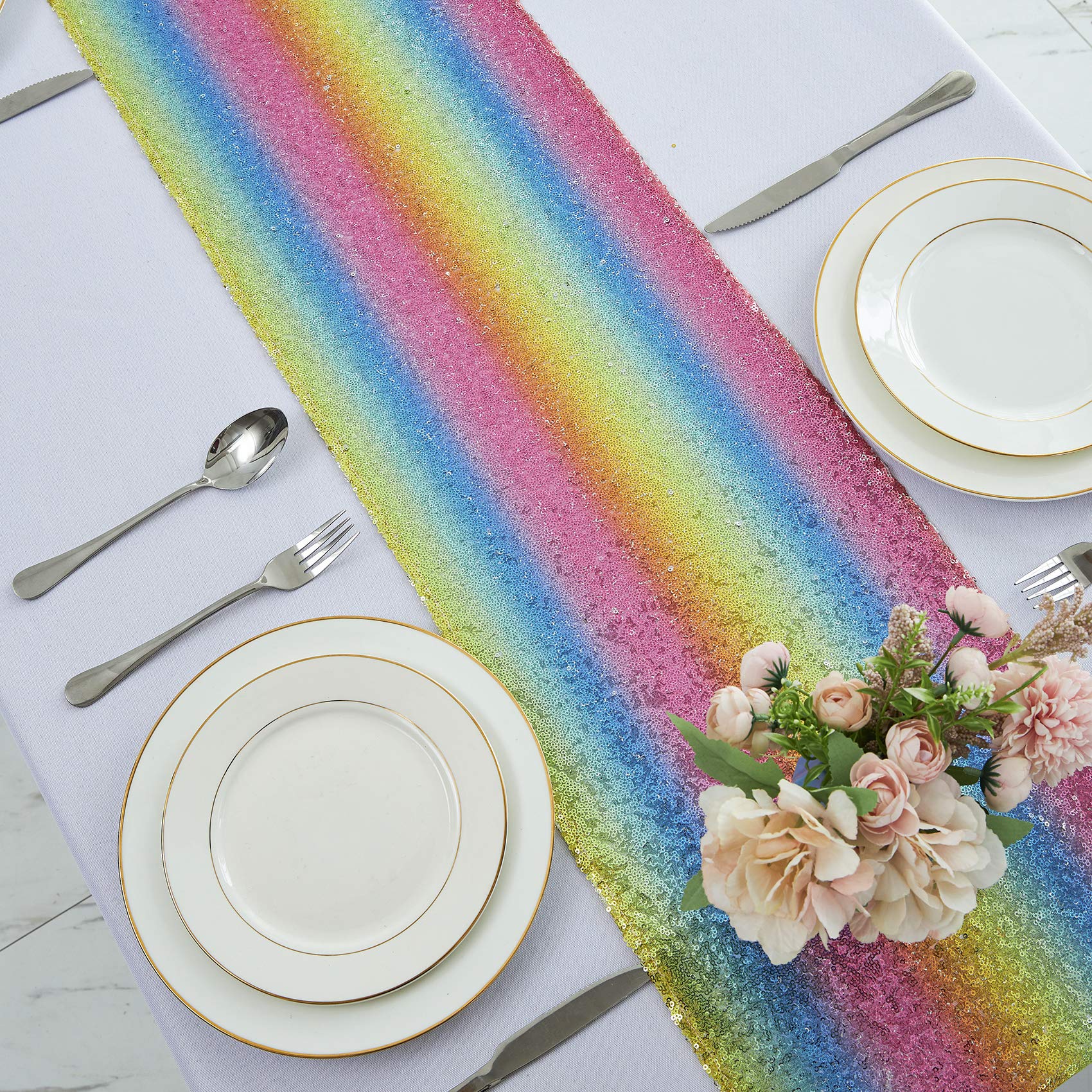 6 Packs 12 X 72 Inches Rainbow Sequin Table Runner, Glitter Runner For Birthday Party Supplies Decorations Wedding Bachelorette