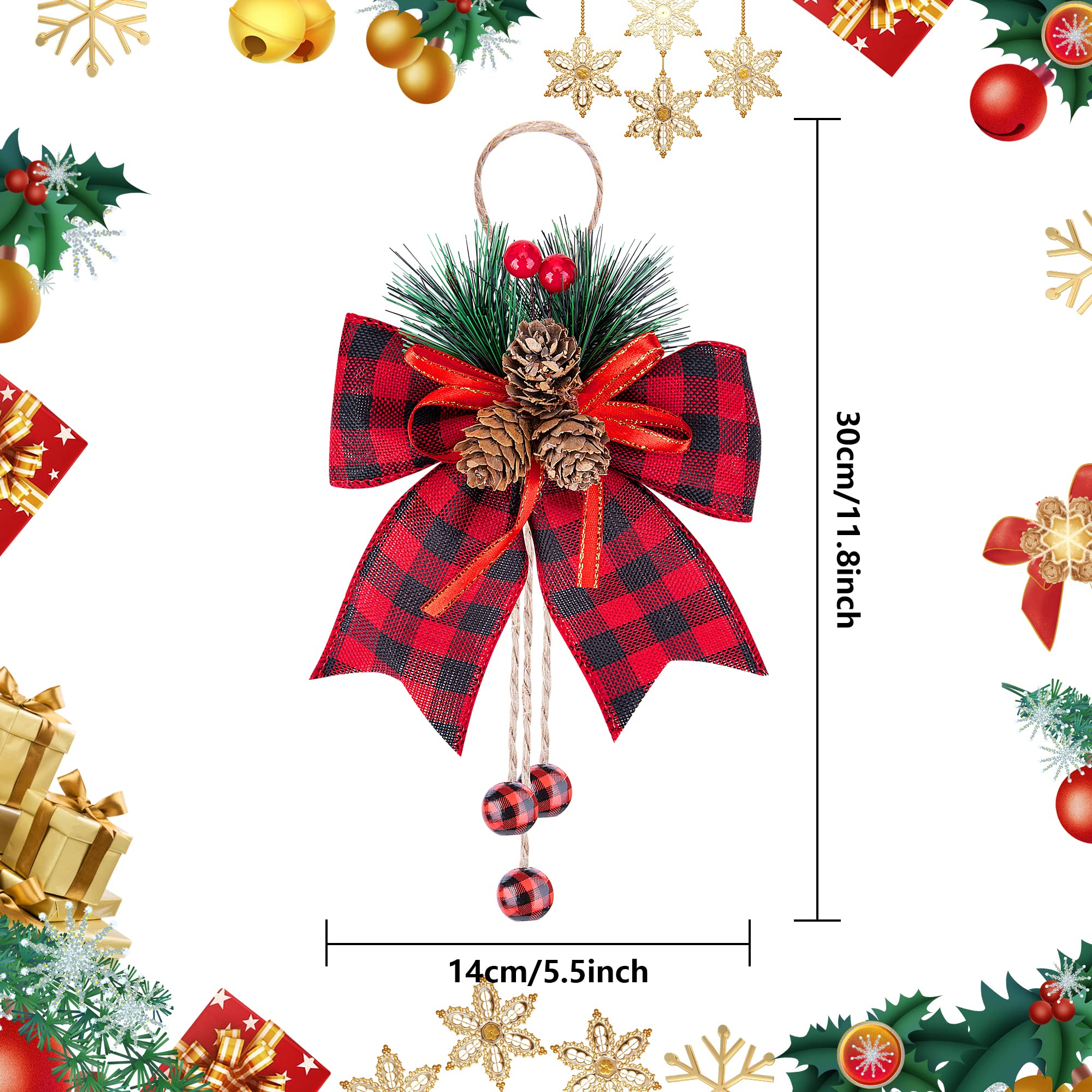 6 Pcs Christmas Burlap Plaid Bows with Pine Cones Pine Needles, Large Christmas Decoration Buffalo Plaid Bows, Xmas Wreath Bow B