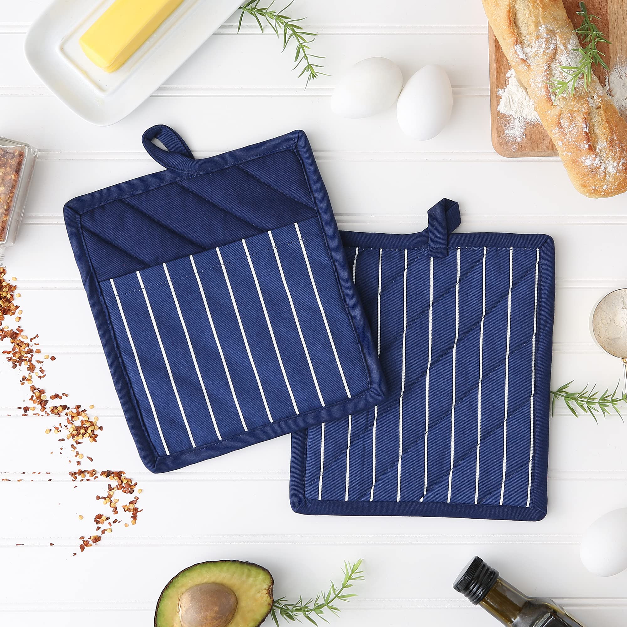 Professional And Commercial Grade, Chef Stripe Kitchen, Potholders, Nautical Blue