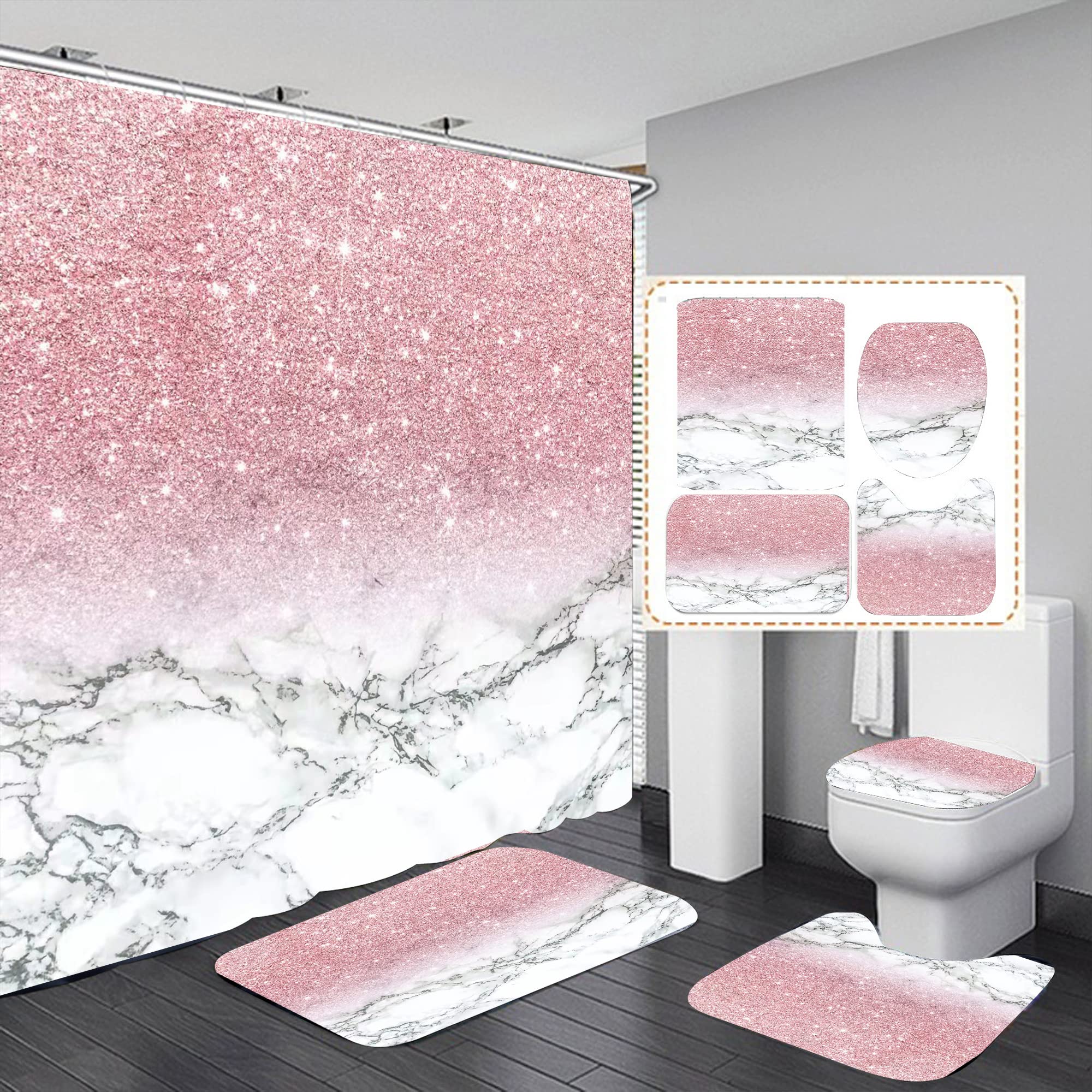 Hedybard 4 Pcs Pink Bathroom Shower Curtain Set With Waterproof Shower Curtain, Non-Slip Soft Flannel Rugs, Toilet Lid Cover, Ba