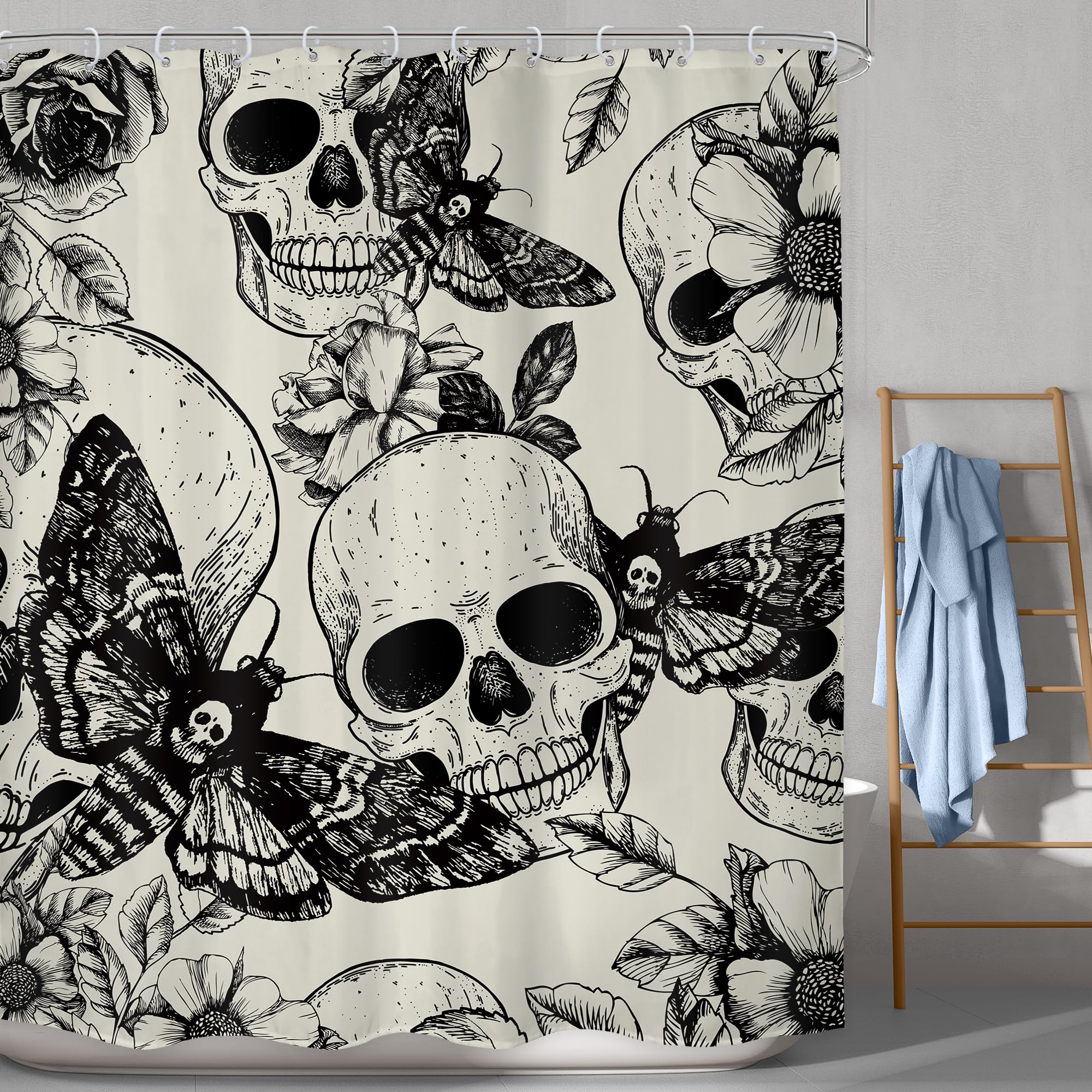 Lghtyro Gothic Skull Moth Shower Curtain Bathroom Set 60Wx71H Inches Black Deathhead Scary Skeleton Spooky Flower Mysterious Bat