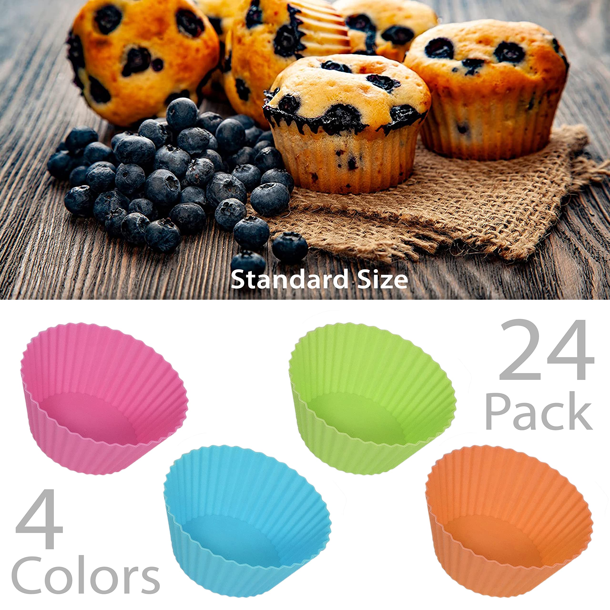 Bakerpan Silicone Muffin Cups - Reusable Cupcake Liners For Baking - Set Of 24 Silicone Cupcake Molds - Premium Reusable Cupcake