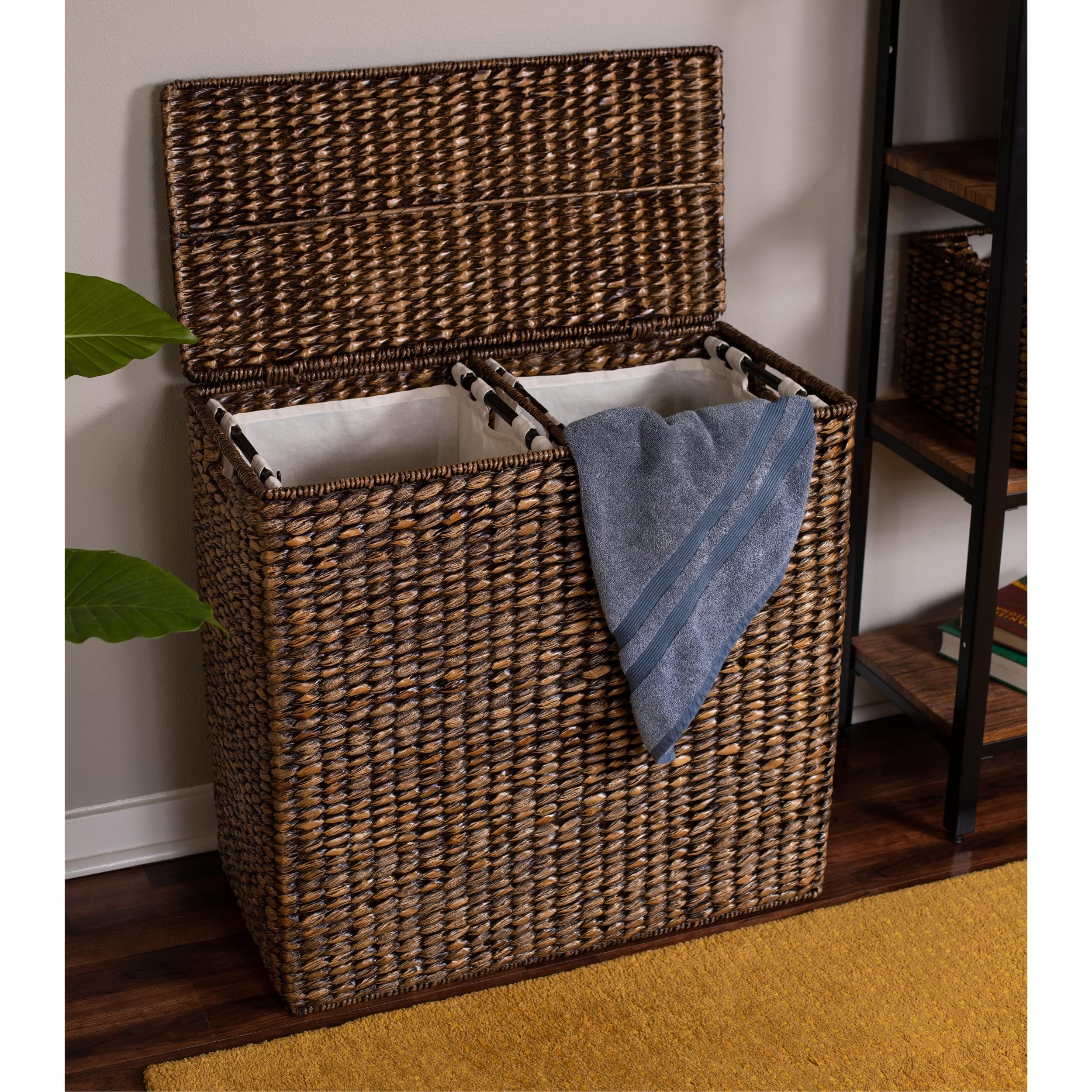 Birdrock Home Oversized Dual Hampers With Lid - Handwoven Natural Seagrass Fiber Compartment Laundry Hamper W/Dual Removable Lin