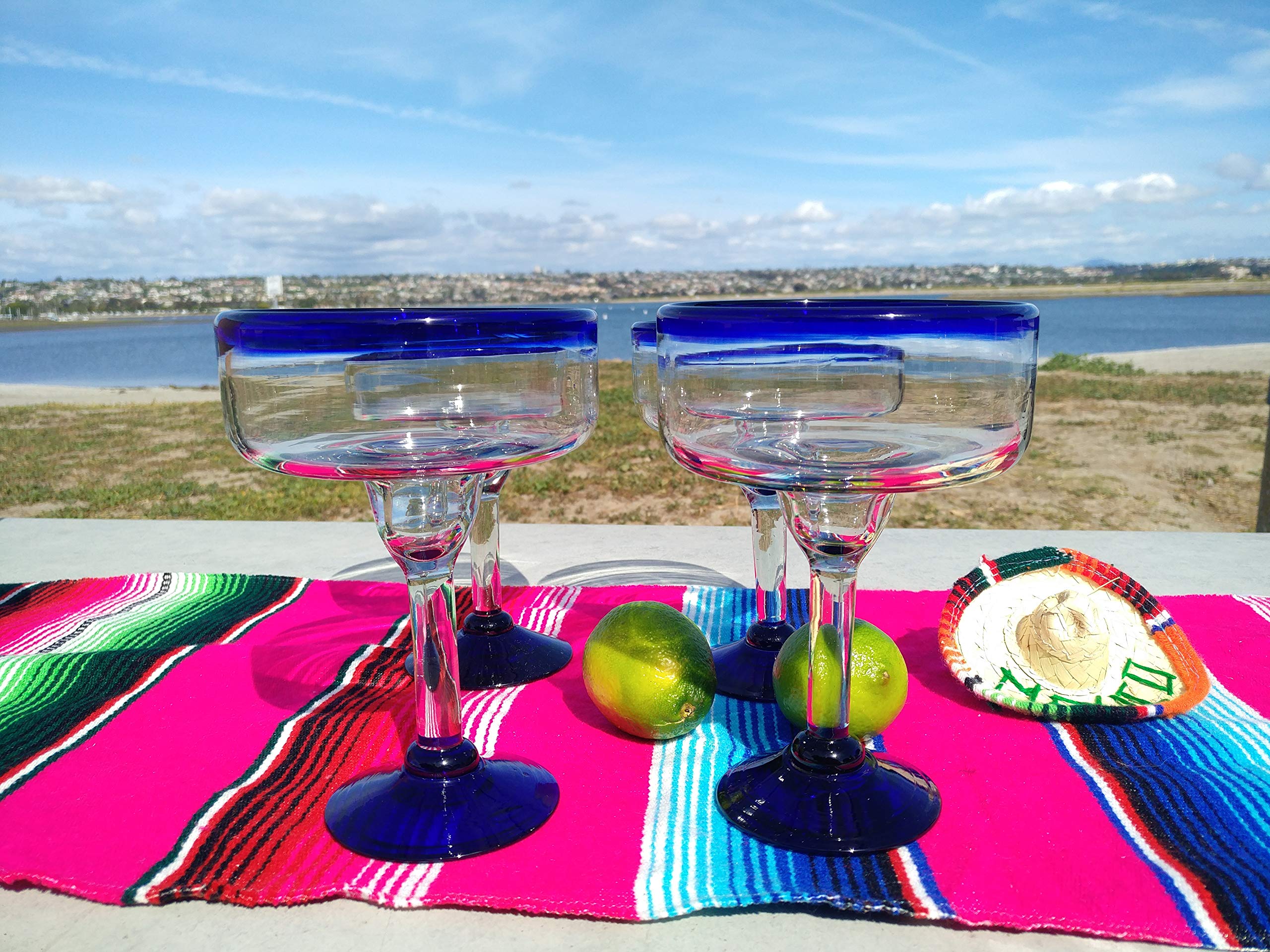 Dos Sueos Mexican Hand Blown Glass - Set Of 4 Hand Blown Margarita Glasses - Cobalt Blue Rim (16 Oz)