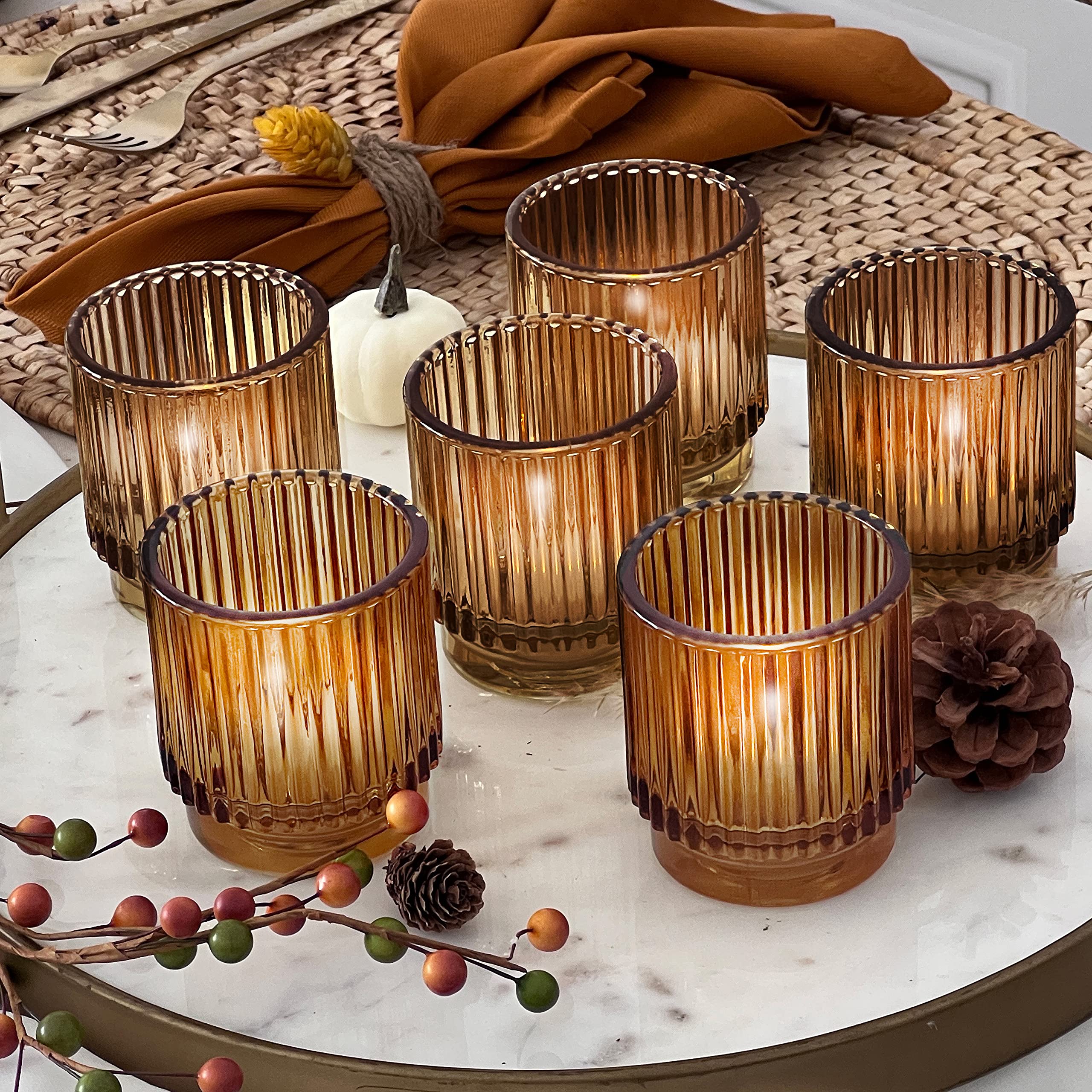 Kate Aspen Vintage Ribbed Amber Glass Tealight & Votive Candle Holders (Set of 6), Fall Decor, Boho Decor, Shelf Decoration (272