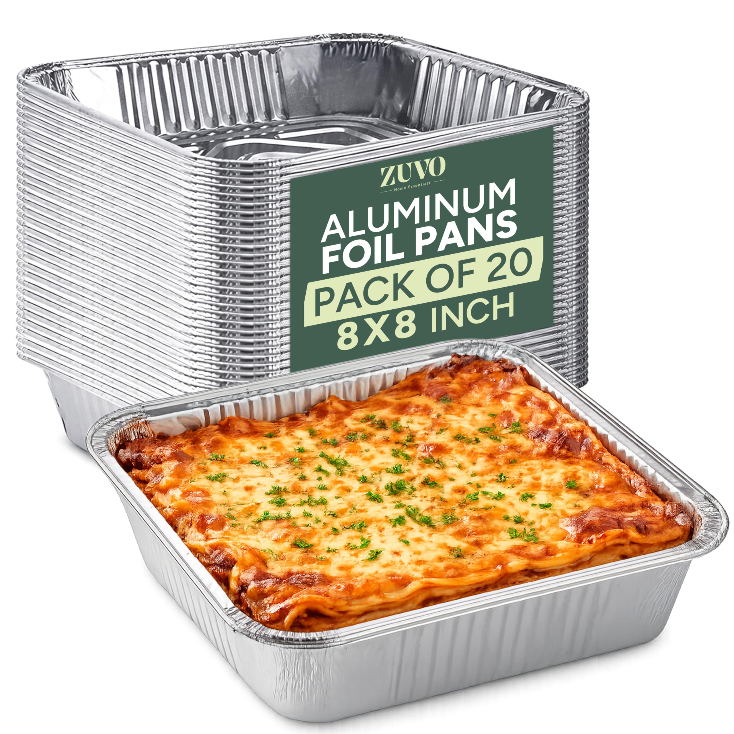 Zuvo 8x8 Aluminum Foil Pans (20 Pack)  Disposable Square Baking Pans for Cooking, Roasting, Meal Prep & Freezer Storage  Heavy