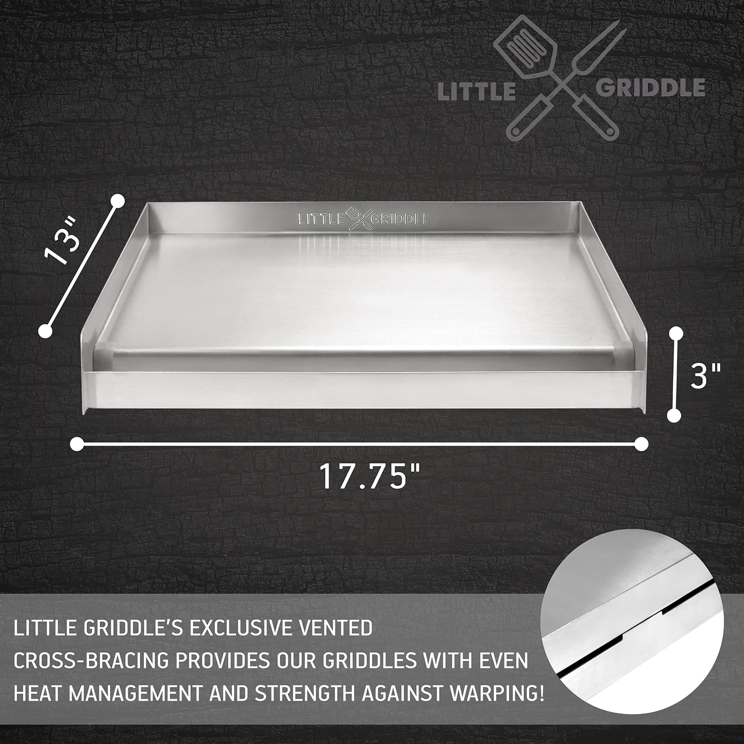 Little Griddle Sizzle-Q Sq180 100% Stainless Steel Universal Griddle With Even Heating Cross Bracing For Charcoal/Gas Grills, Ca