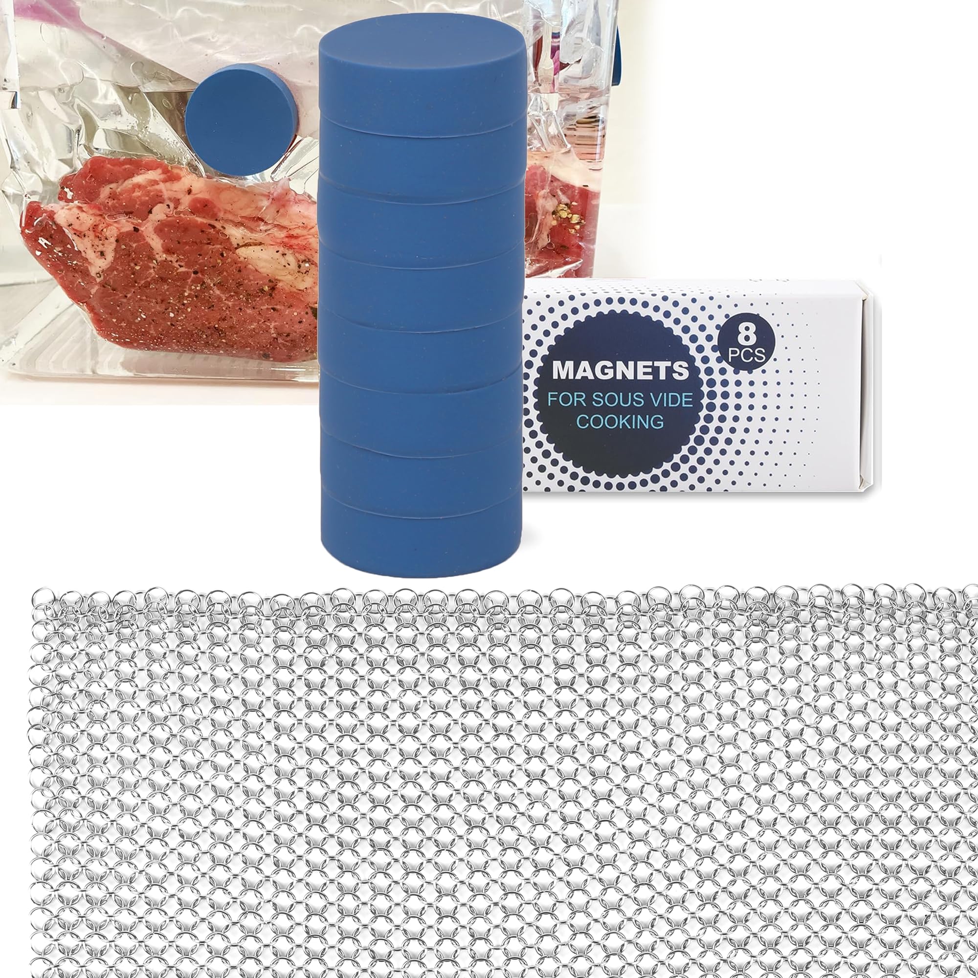 TonGass 8-Pcs Silicone-Coated Sous Vide Magnets Weights and Food Grade Stainless Steel Sous Vide Mesh Net for Keeping Bags Subme