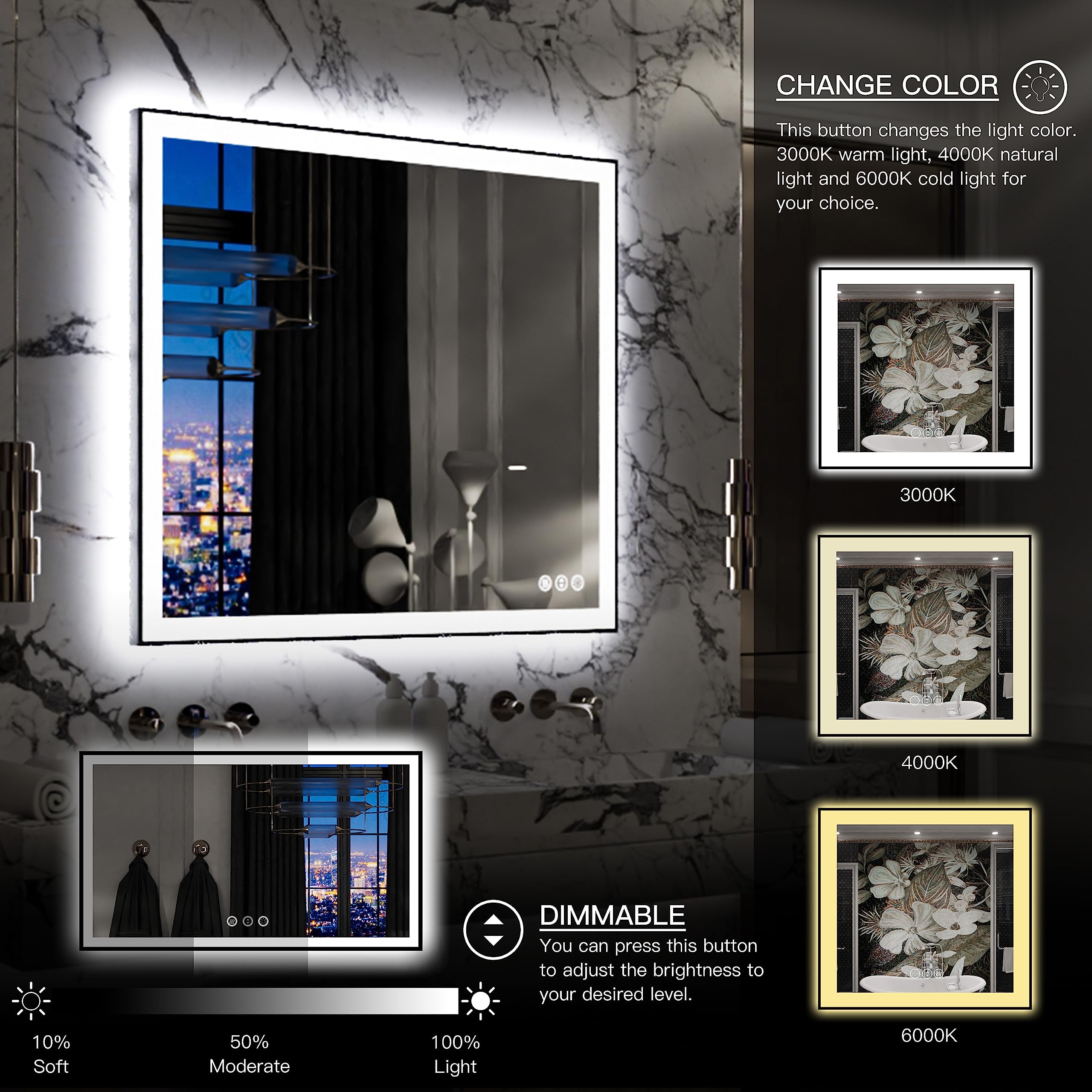 Yamazakura Lighted Bathroom Mirror 40X32 Backlit And Front Light Led Wall-Mounted Vanity Mirror Modern Rectangle Black Mirror (H