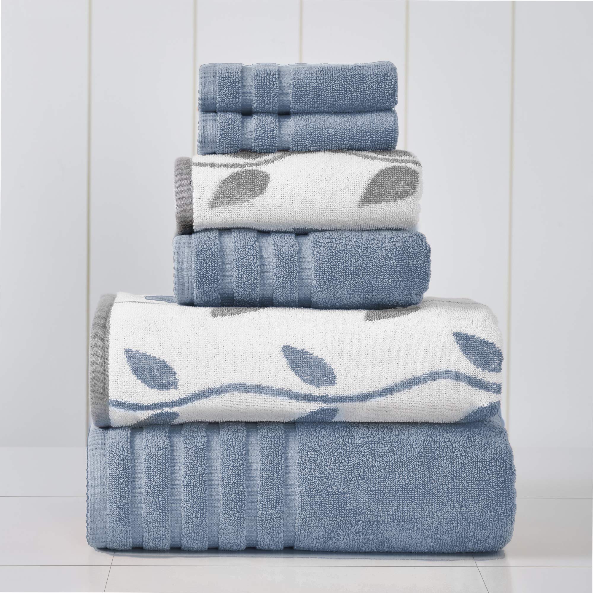 Amrapur Overseas 6-Piece Yarn Dyed Organic Vines Jacquard/Solid Ultra Soft 500Gsm 100% Combed Cotton Towel Set [Blue]