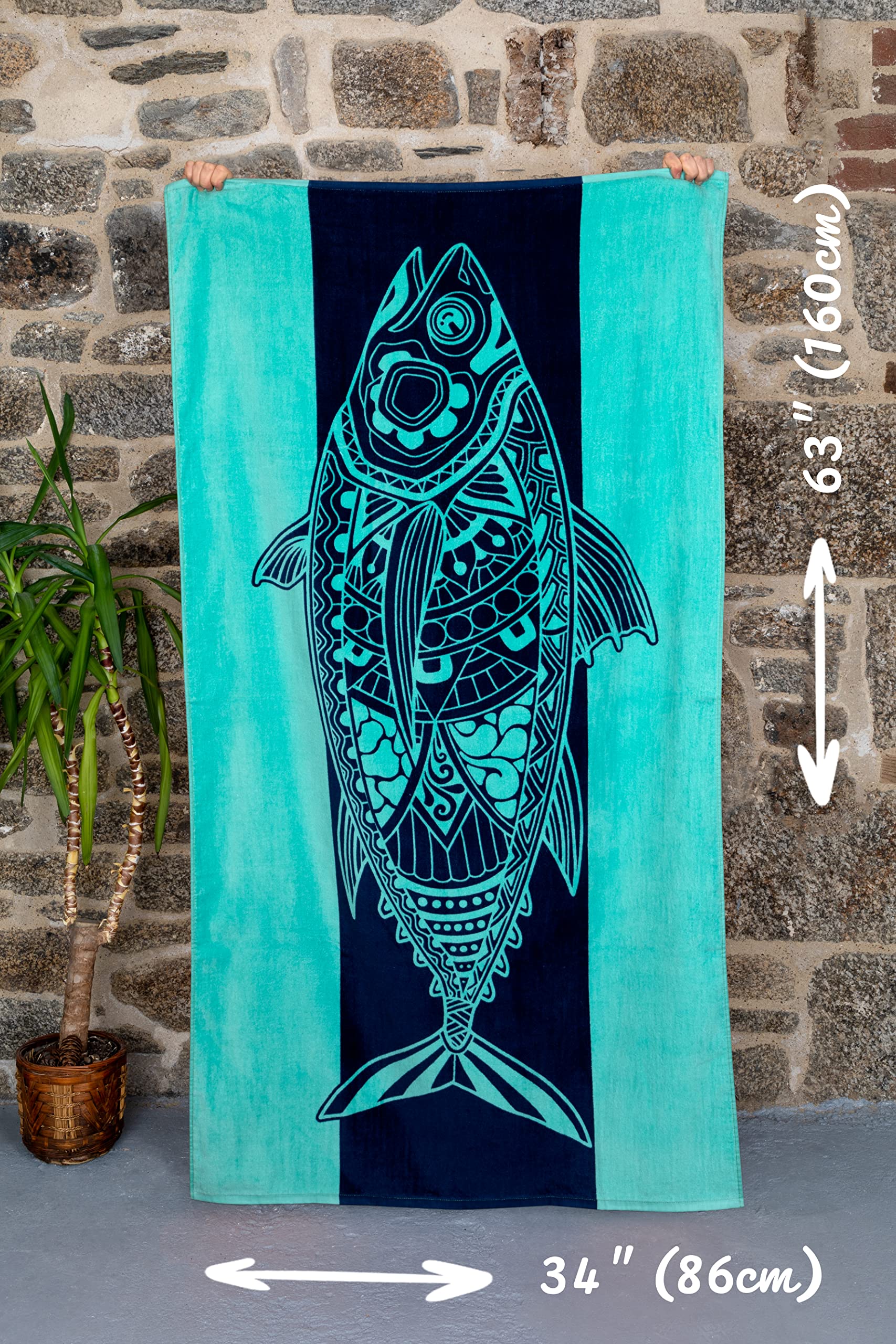 Nova Blue Tuna Fish Beach Towel (34 X 63) - Blue Striped Cotton Beach Towel Made From 100% Cotton - Quick Drying Pool Towel With