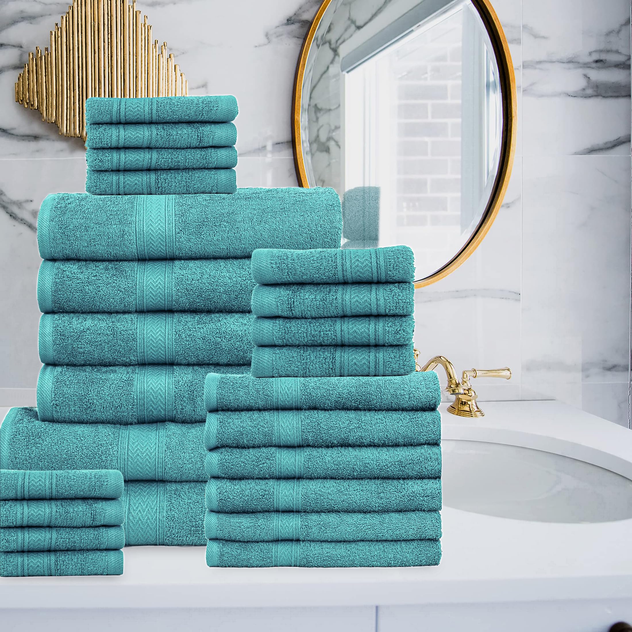 Hillfair Bathoom Towel Set of 24 Pieces  2 Bath Sheets  4 Bath Towels  6 Hand Towels  4 Fingertip Towels  8 Washclothes  Quick Drying  High Absorbent Towel Set for Bathroom: Aqua/Sea Green