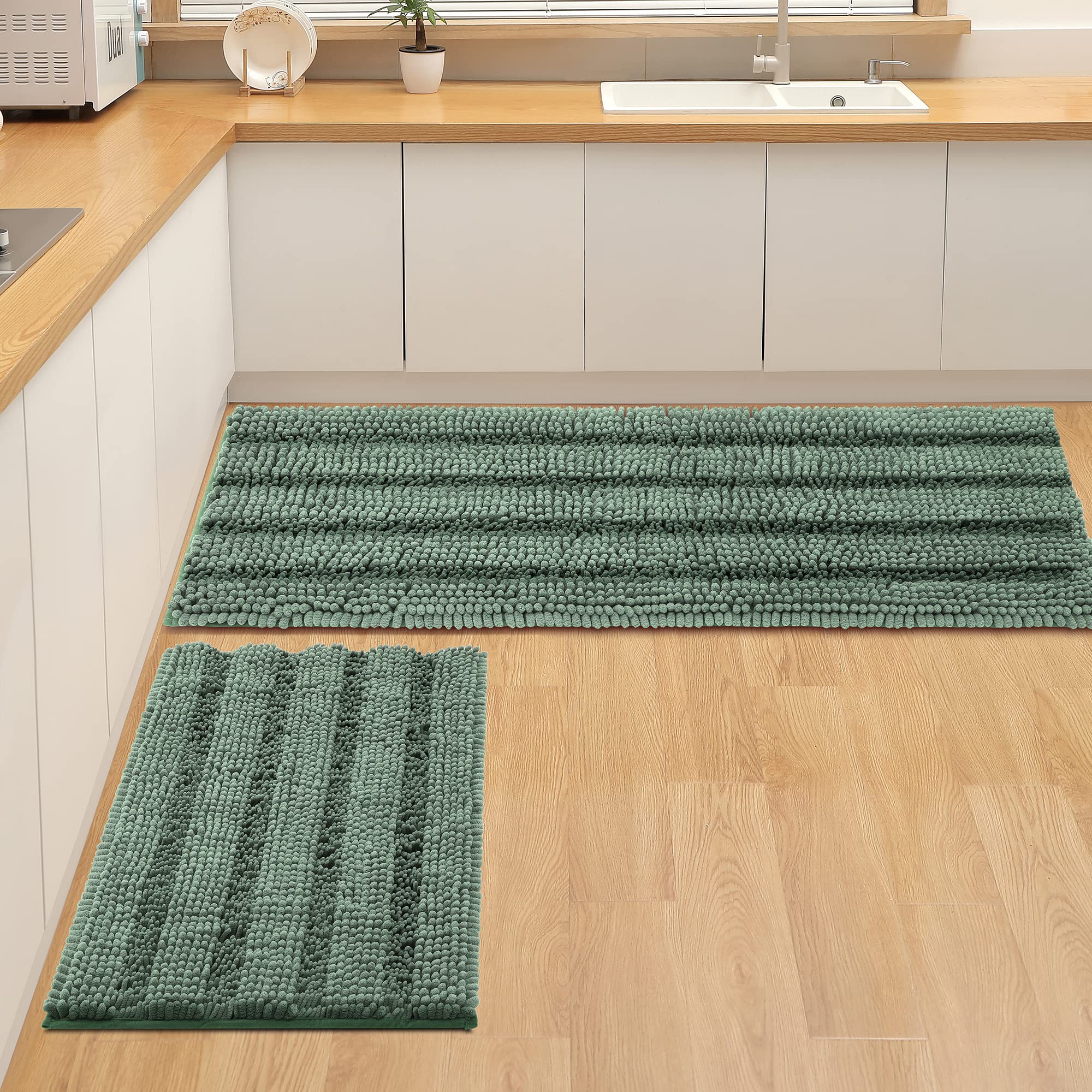 Non Slip Thick Shaggy Chenille Sage Green Bathroom Rug Sets 2 Piece, Thickened Hot Melt Rubber Bottom Bath Mats For Bathroom, Ba
