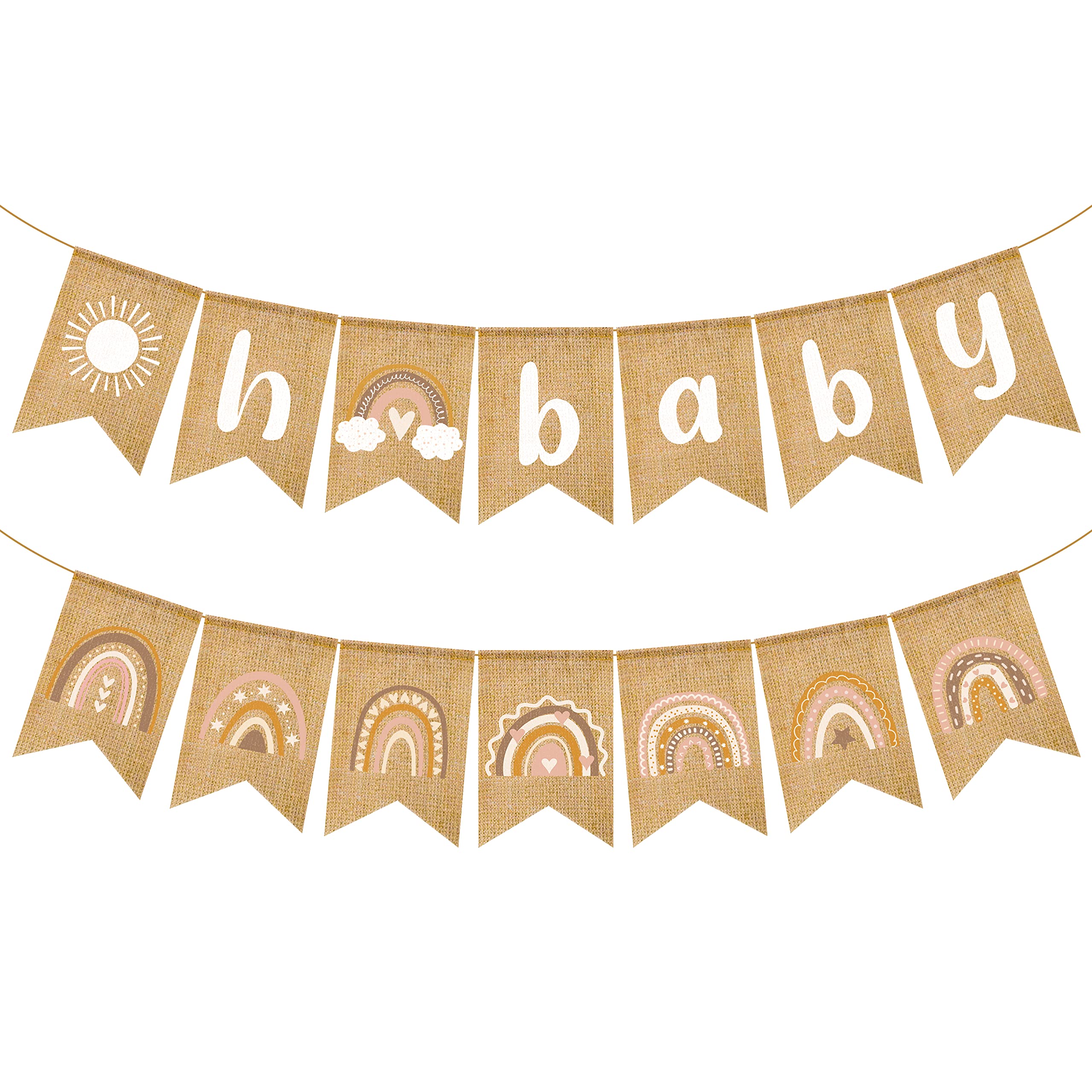 Angolio Boho Rainbow Baby Shower Banner, Gender Neutral Decorations, 2Pcs Burlap Flags, Vintage Design, Lightweight, Portable, H