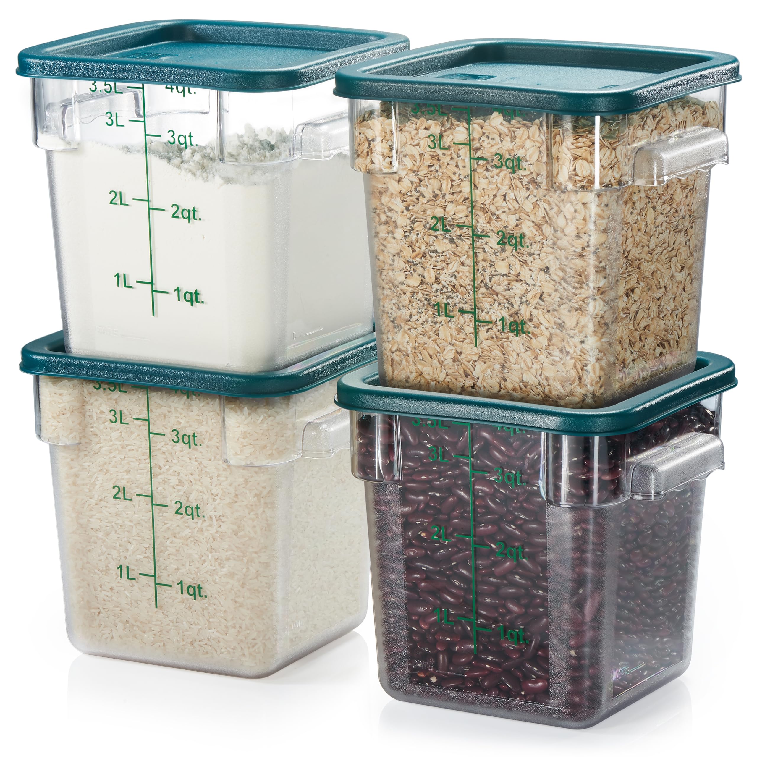 Curta 4-Pc Food Storage Container With Green Lids - Commercial Grade In 4.0 Qt - Square, Clear, Polycarbonate