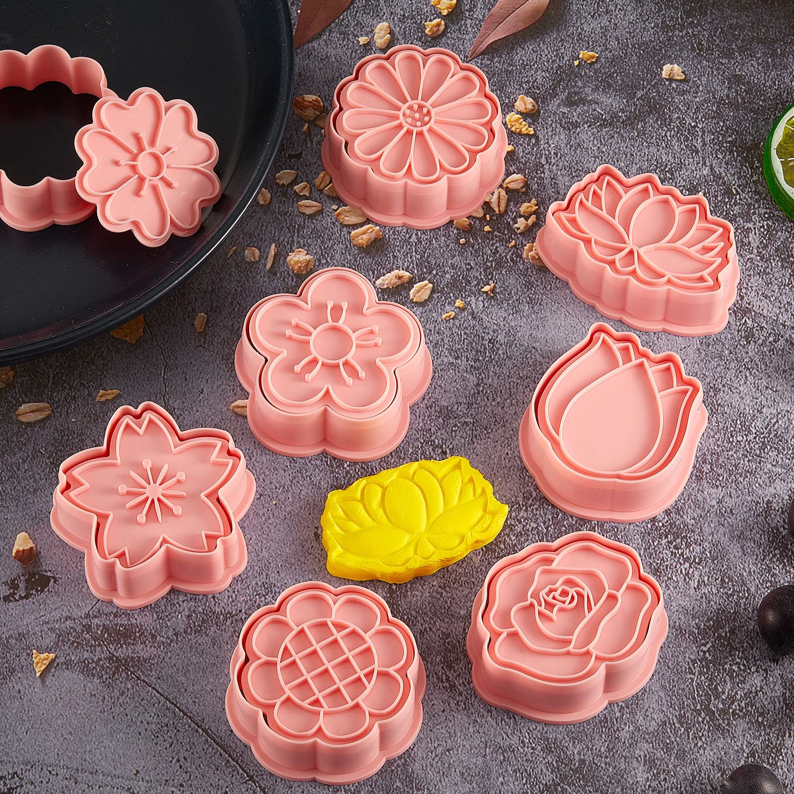 8 Pieces Flower Cookie Cutter Flower Shaped Cookie Mold Plastic Pink Cookie Cutters For Home Kitchen, 8 Styles