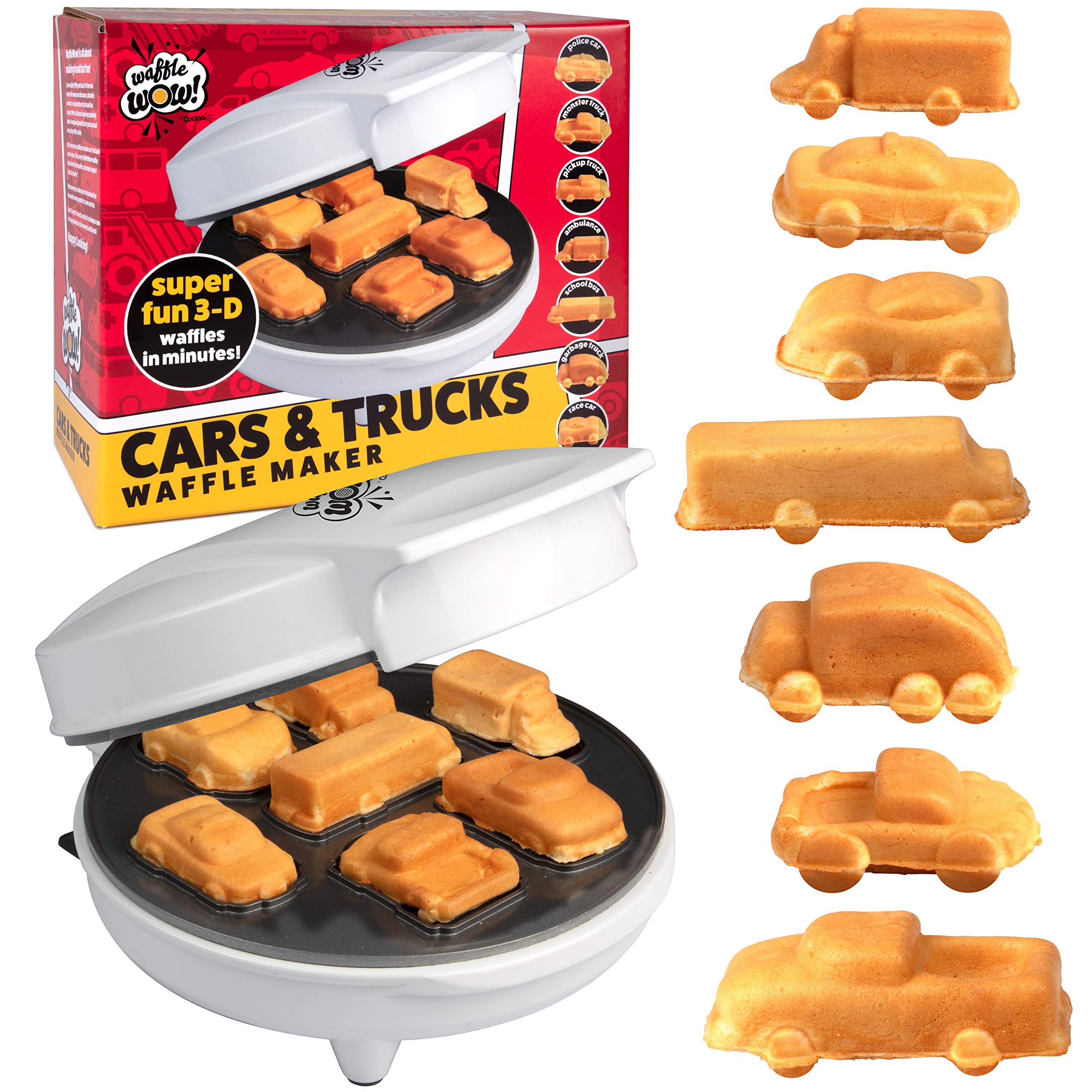 Car Mini Waffle Maker - Make 7 Fun  Different Race Cars  Trucks  and Automobile Vehicle Shaped Pancakes- Electric Waffler Iron- Non-Stick Pan Cake Baker w Recipe Guide- Fun Xmas Holiday Gift for Him