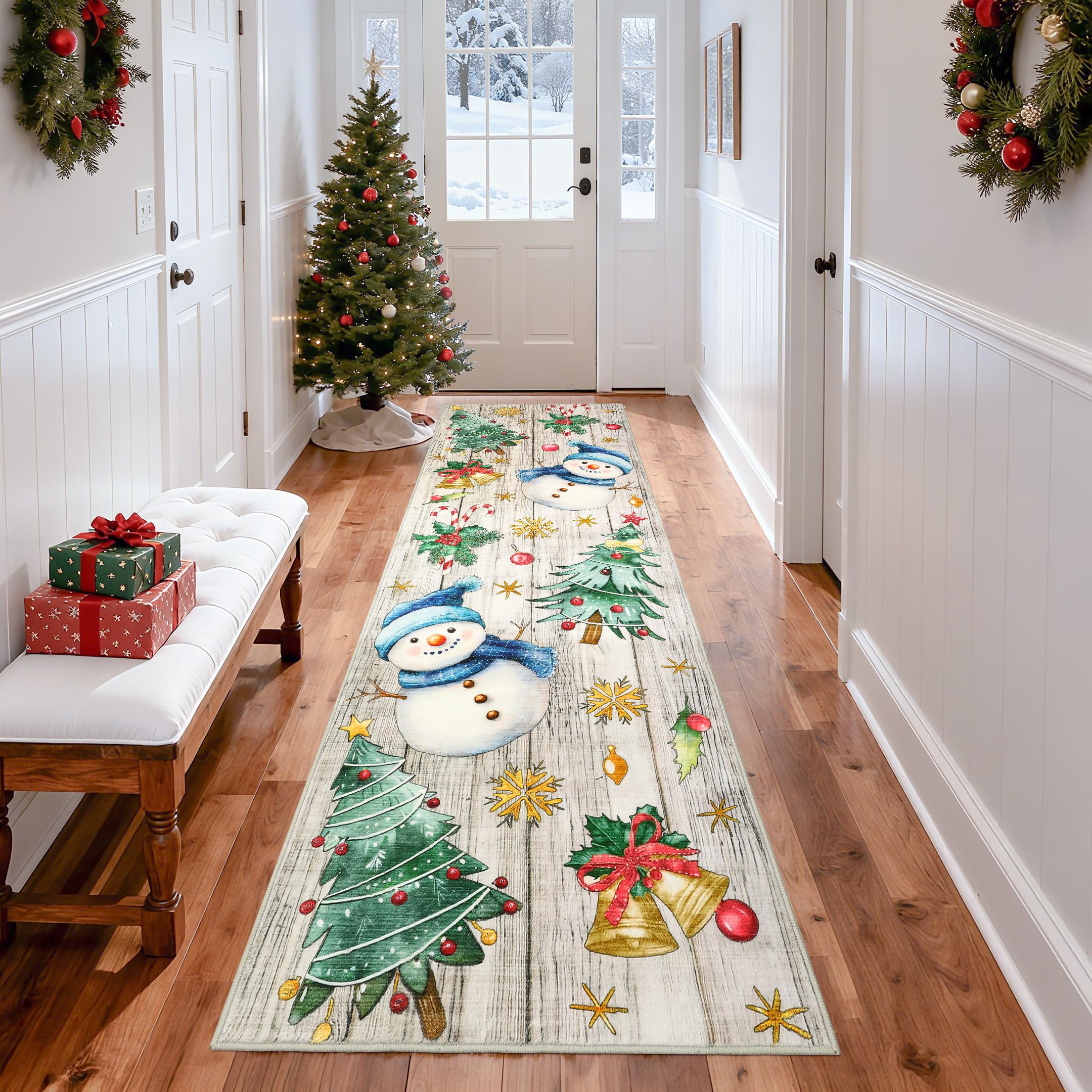 GarveeHome Christmas Runner Rug 2x8 Kitchen Rugs Non Slip Washable Bath Rugs Low Pile Entryway Rug Xmas Tree & Snowman Stain Res
