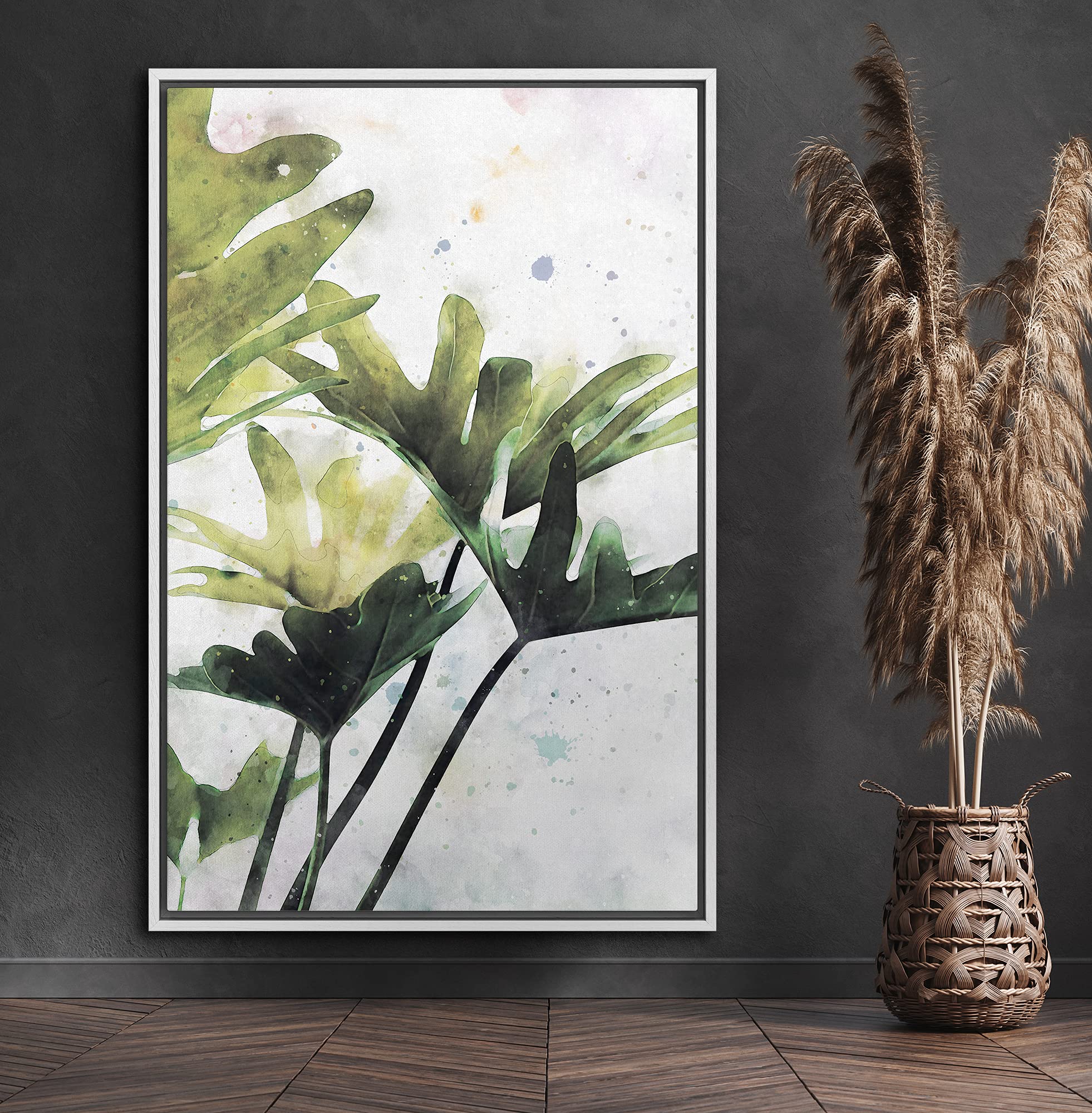 Signford Framed Canvas Print Wall Art Watercolor Tropical Leaves Nature Wilderness Illustrations Modern Art Contemporary Multico
