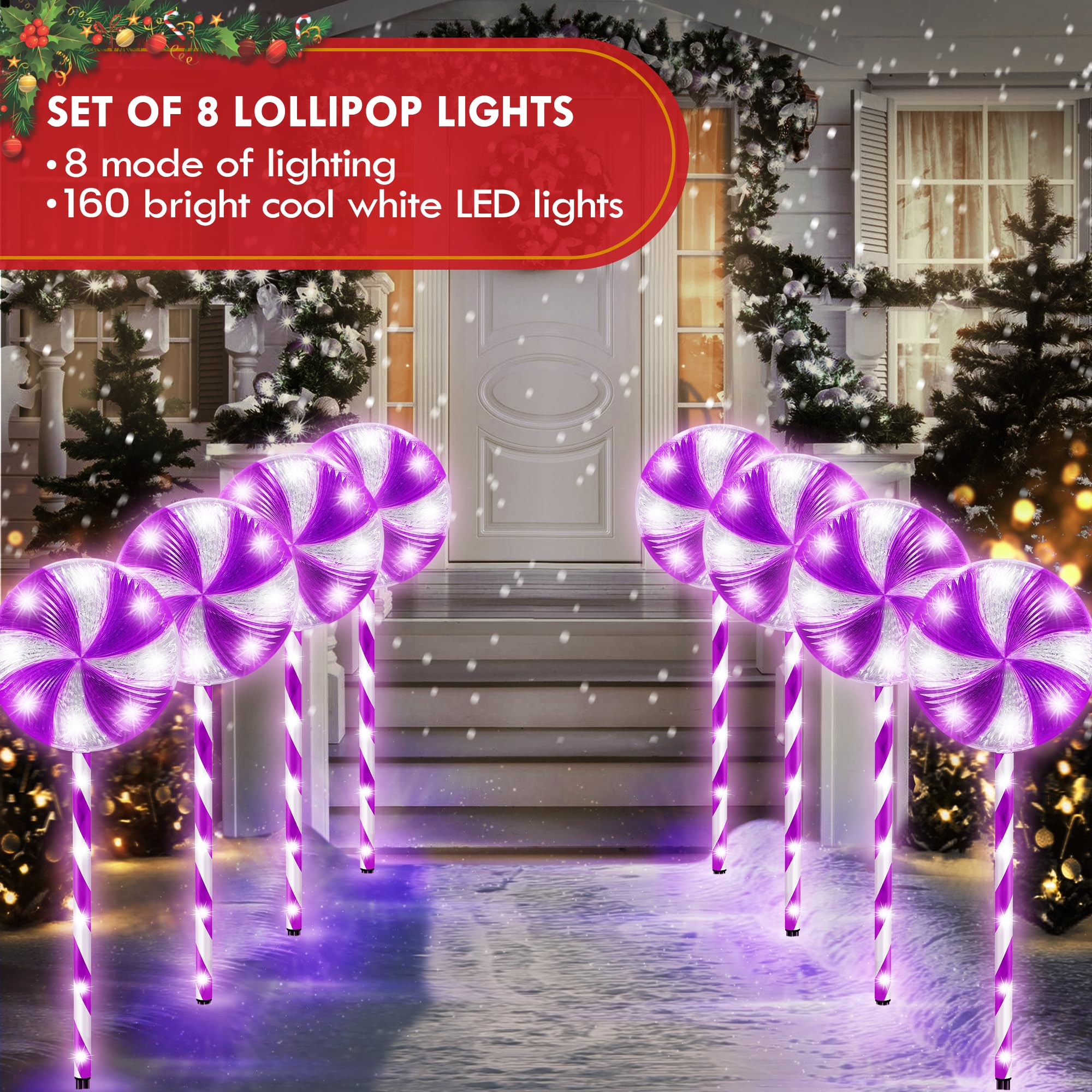 VINEROOF 8PK 28inch 8 Modes Christmas Lollipop Light for Outdoor Decorations Flashing Pathway Lights (Purple)