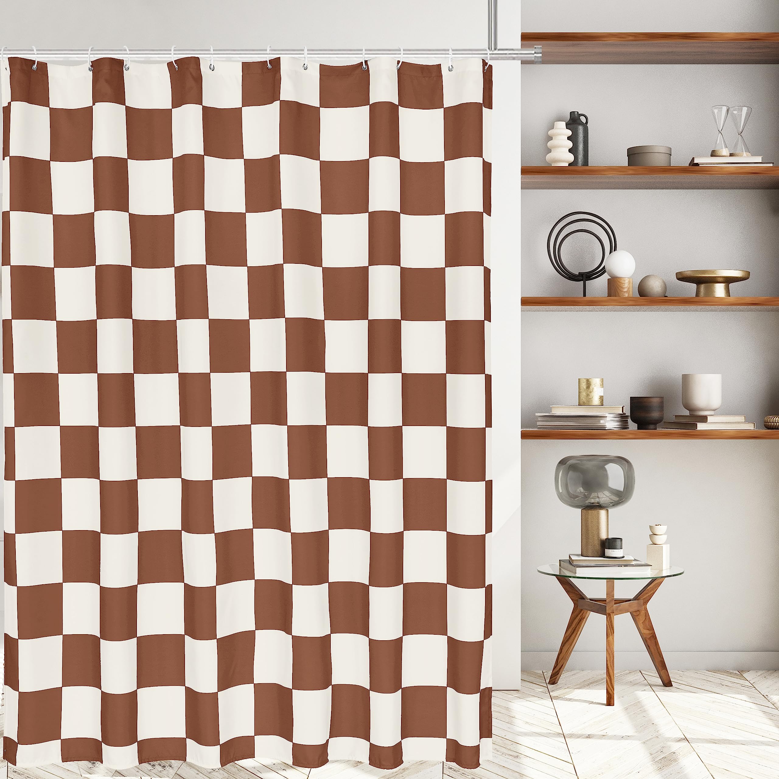 Tititex Aesthetic Checkerboard Grid Pattern Shower Curtain, Beige Caramel Brown Modern Shower Curtain Sets Decoration 71X71 Inch