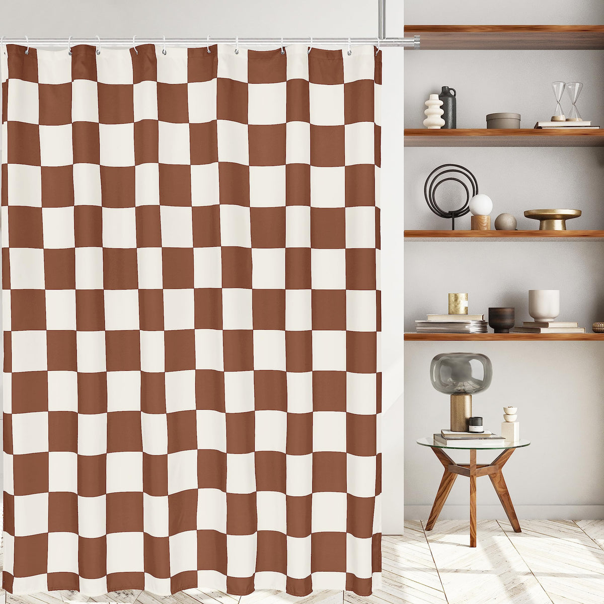 Tititex Aesthetic Checkerboard Grid Pattern Shower Curtain, Beige Caramel Brown Modern Shower Curtain Sets Decoration 71X71 Inch