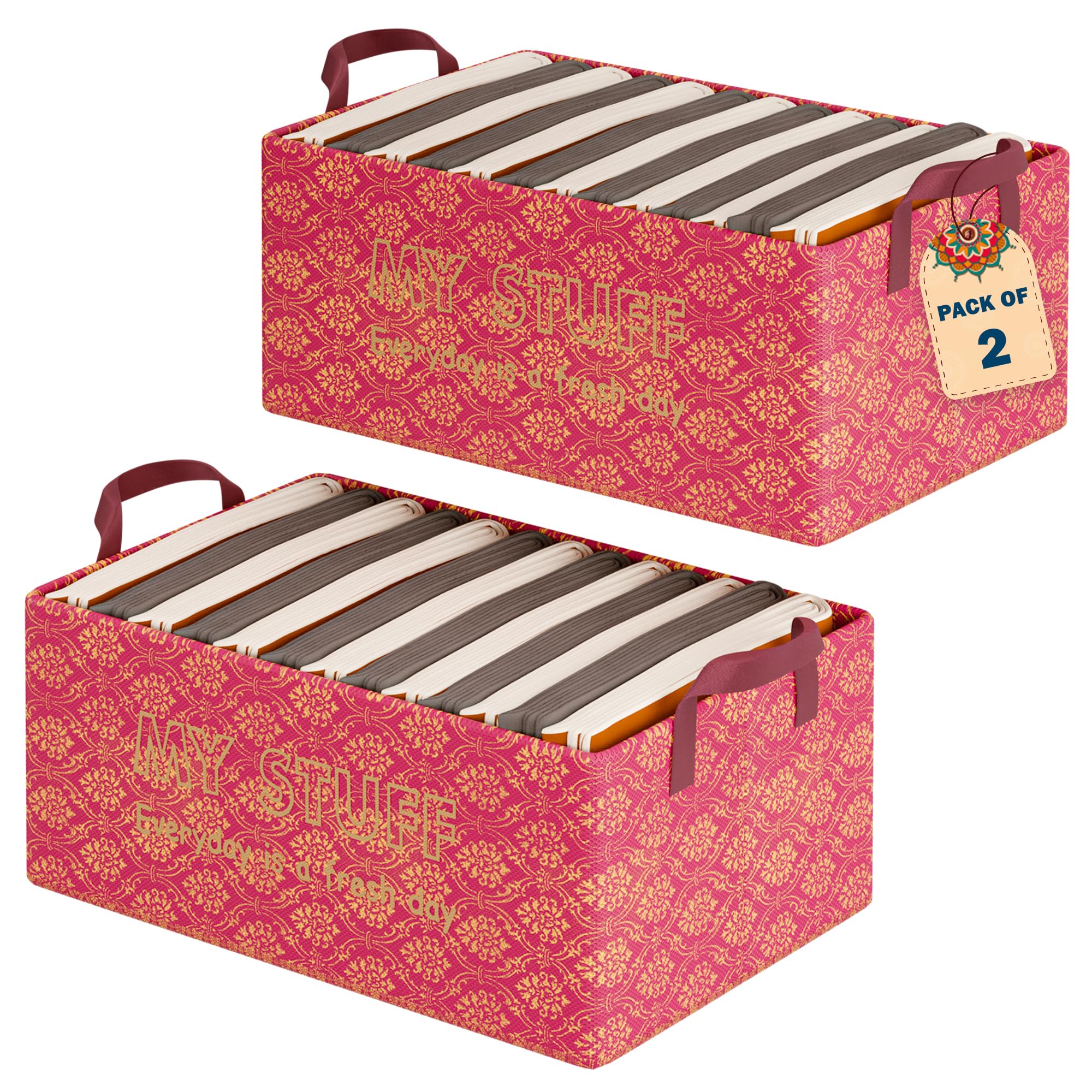 Urbane Home Pack Of 2 Foldable NonWoven Storage Box For Clothes | Dress & Towel Organiser For Wardrobe | Collapsible Container 