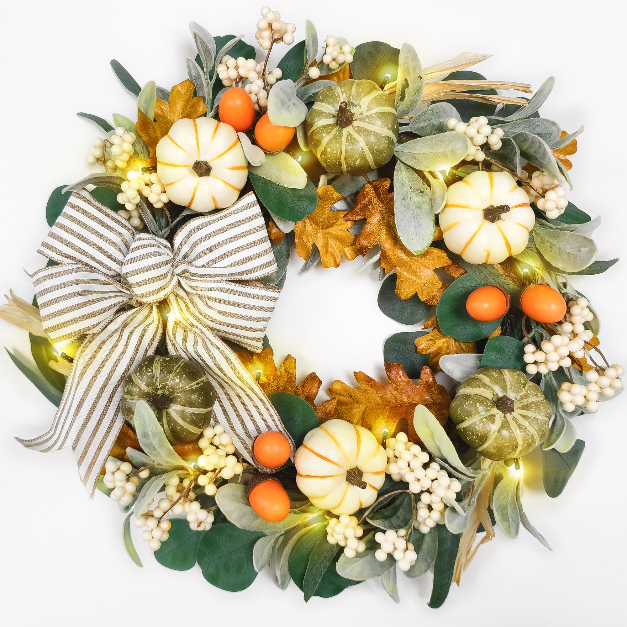 20'' Fall Wreath with Lights, Eucalyptus Pumpkins Autumn Wreaths for Front Door, Fall Decor, Porch Wall, Home Outdoor Holiday De