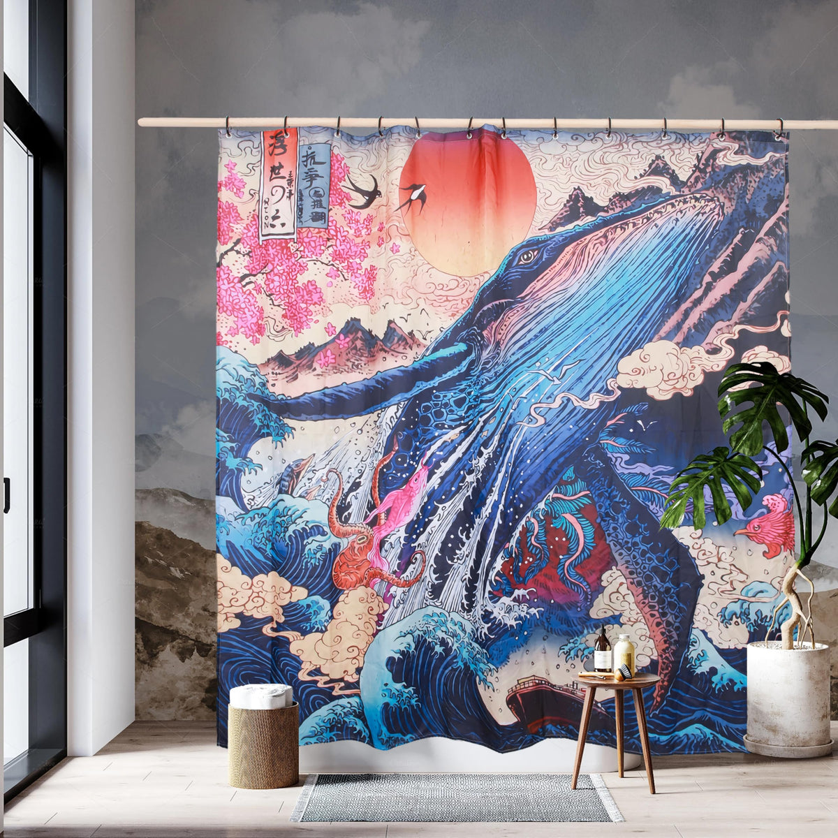 Spanker Space Cool Japanese Art Ukiyoe Sunrise Asian The Grave Waves Fly Whale Ocean Unique Fabric Waterproof Bath Shower Curtai