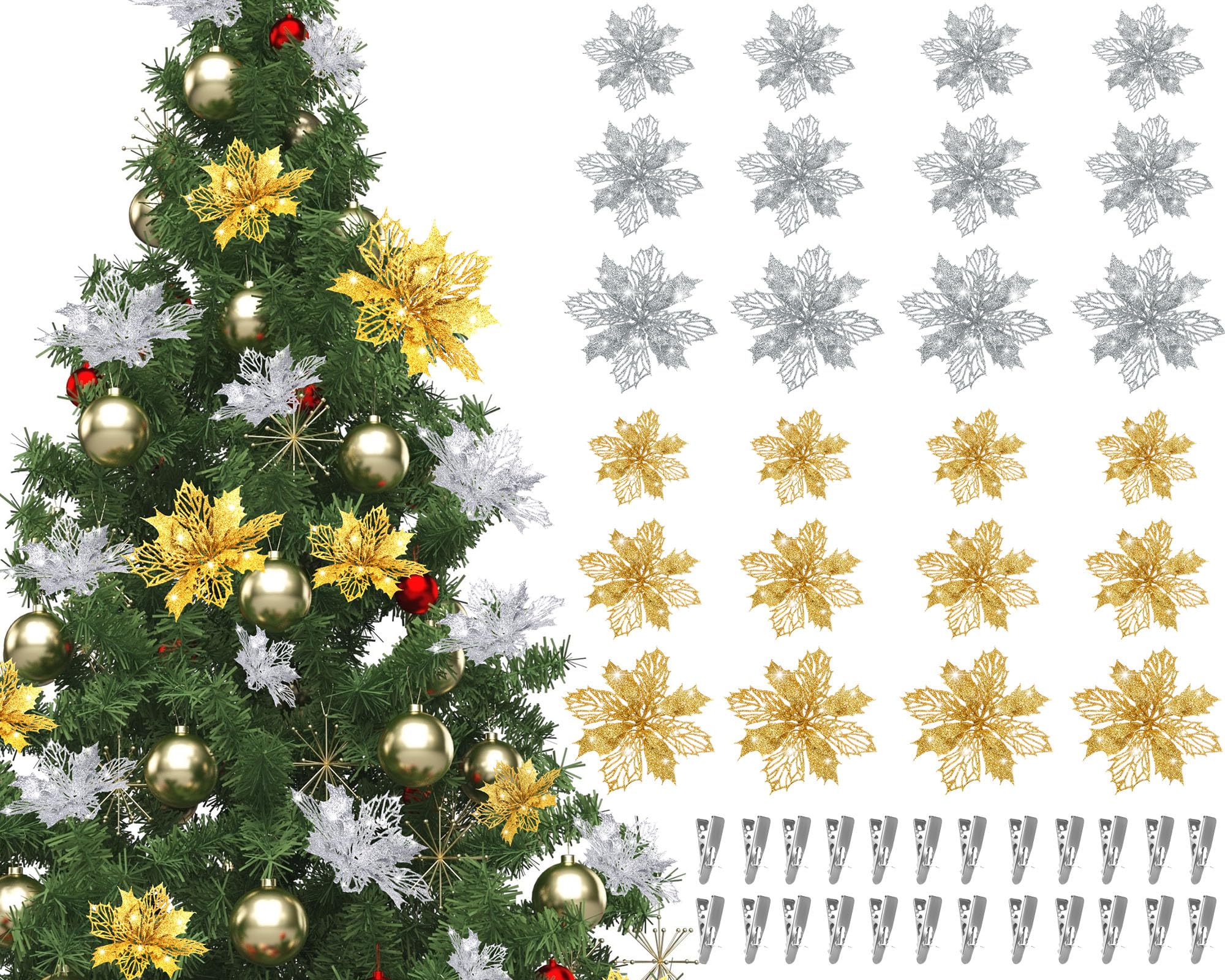 Boao 24 Pieces Gold and Silver Christmas Poinsettia Flowers Glitter with Clips Christmas Ornaments Decorations for Tree Artifici