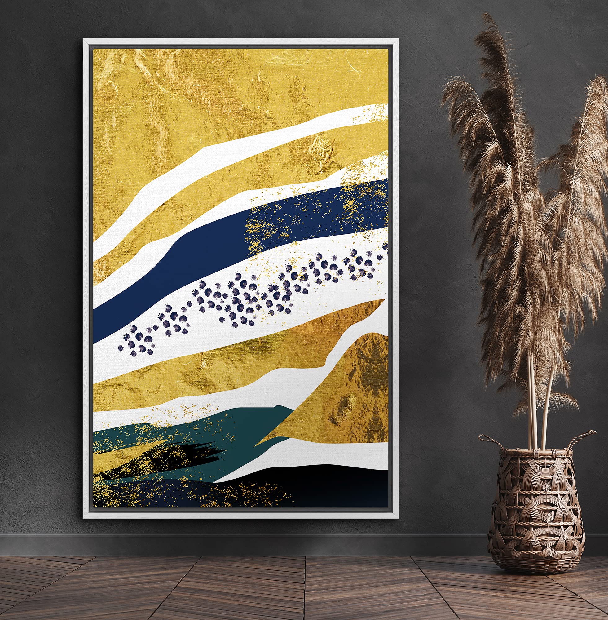 Signford Canvas Print Wall Art Gold Foil, Blue & Black Paint Strokes Abstract Shapes Illustrations Modern Art Alternative Colorf