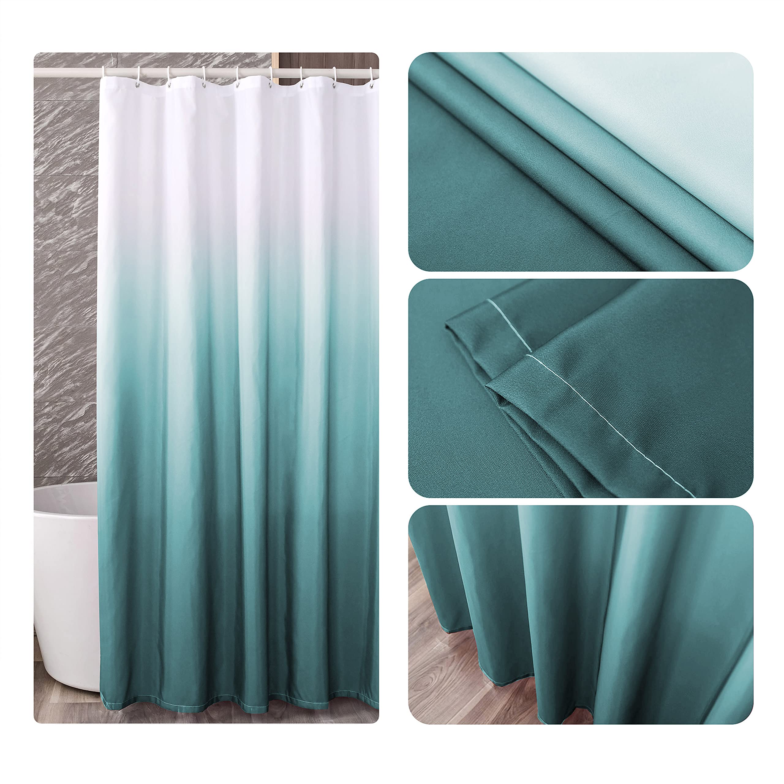 YI & ZE Teal Blue Ombre Shower Curtain Sets for Bathroom Accessories Fabric Polyester Waterproof Modern Shower Curtain Liner with 12 Hooks W72xL72