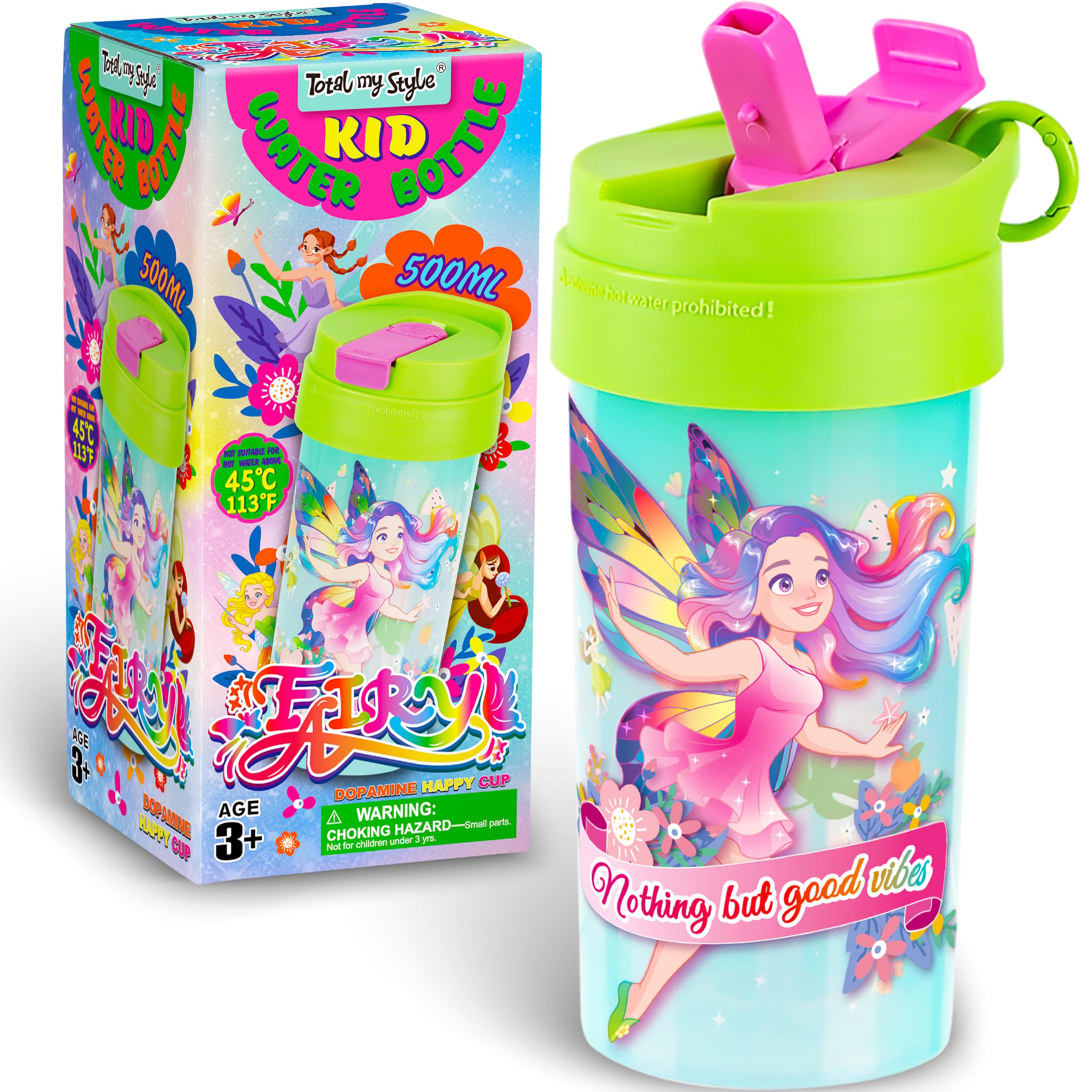 17oz Fairy Kids Water Bottle, Toddler Spout Cover and Carry Handle Design Lid Leak Proof BPA free Cup for Girls Ages 3+ Dishwash